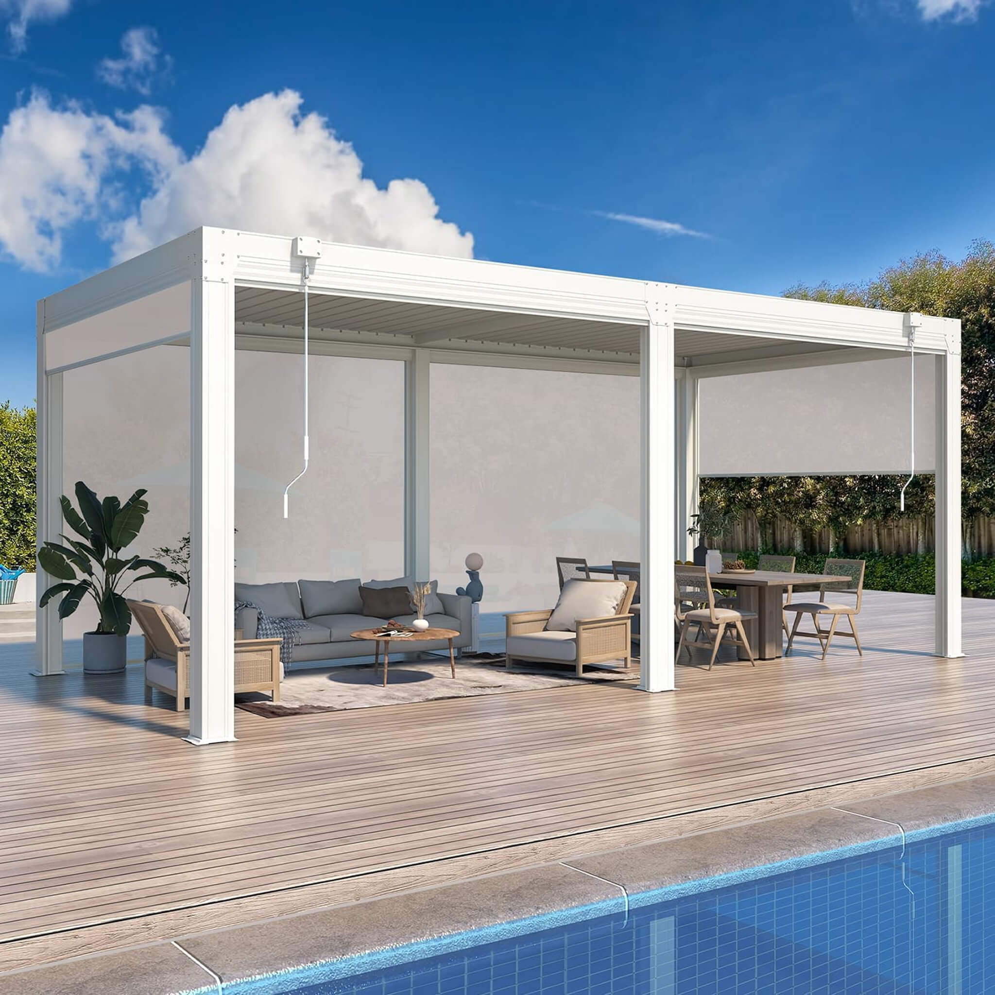 Alora White Louvered Aluminum Pergola With Adjustable Roof And Pull-Down Screens (SAK46817)