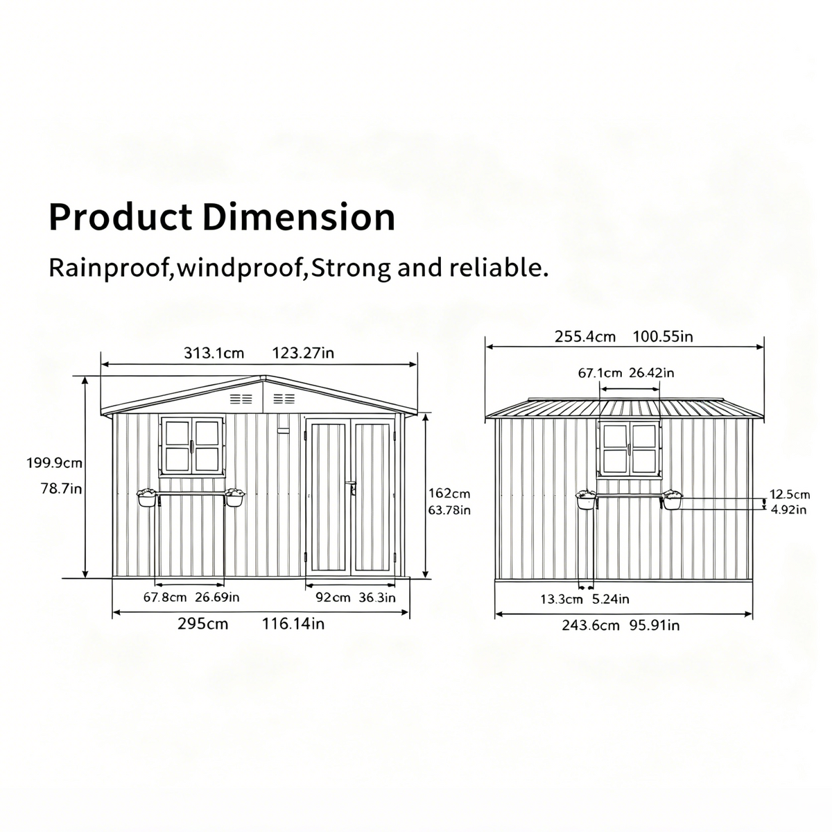 10x8 FT Outdoor Metal Storage Shed with Window & Flower Rack, Lockable Double Doors Tool Shed, Waterproof Weatherproof Garden Shed for Backyard Patio,Grey+Black.