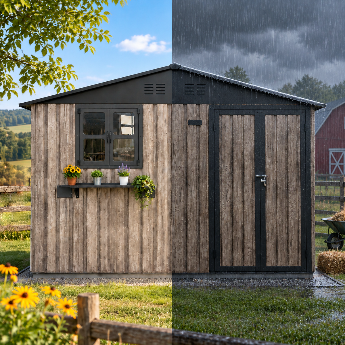 10x8 FT Outdoor Metal Storage Shed with Window & Flower Rack, Lockable Double Doors Tool Shed, Waterproof Weatherproof Garden Shed for Backyard Patio,Grey+Black.