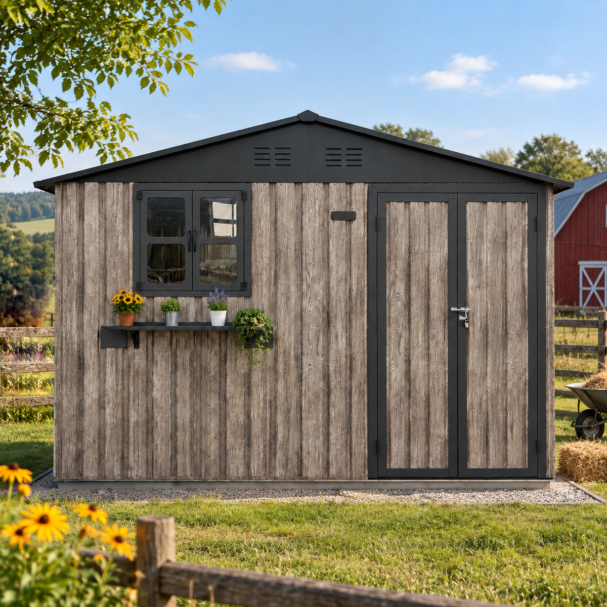 10x8 FT Outdoor Metal Storage Shed with Window & Flower Rack, Lockable Double Doors Tool Shed, Waterproof Weatherproof Garden Shed for Backyard Patio,Grey+Black.