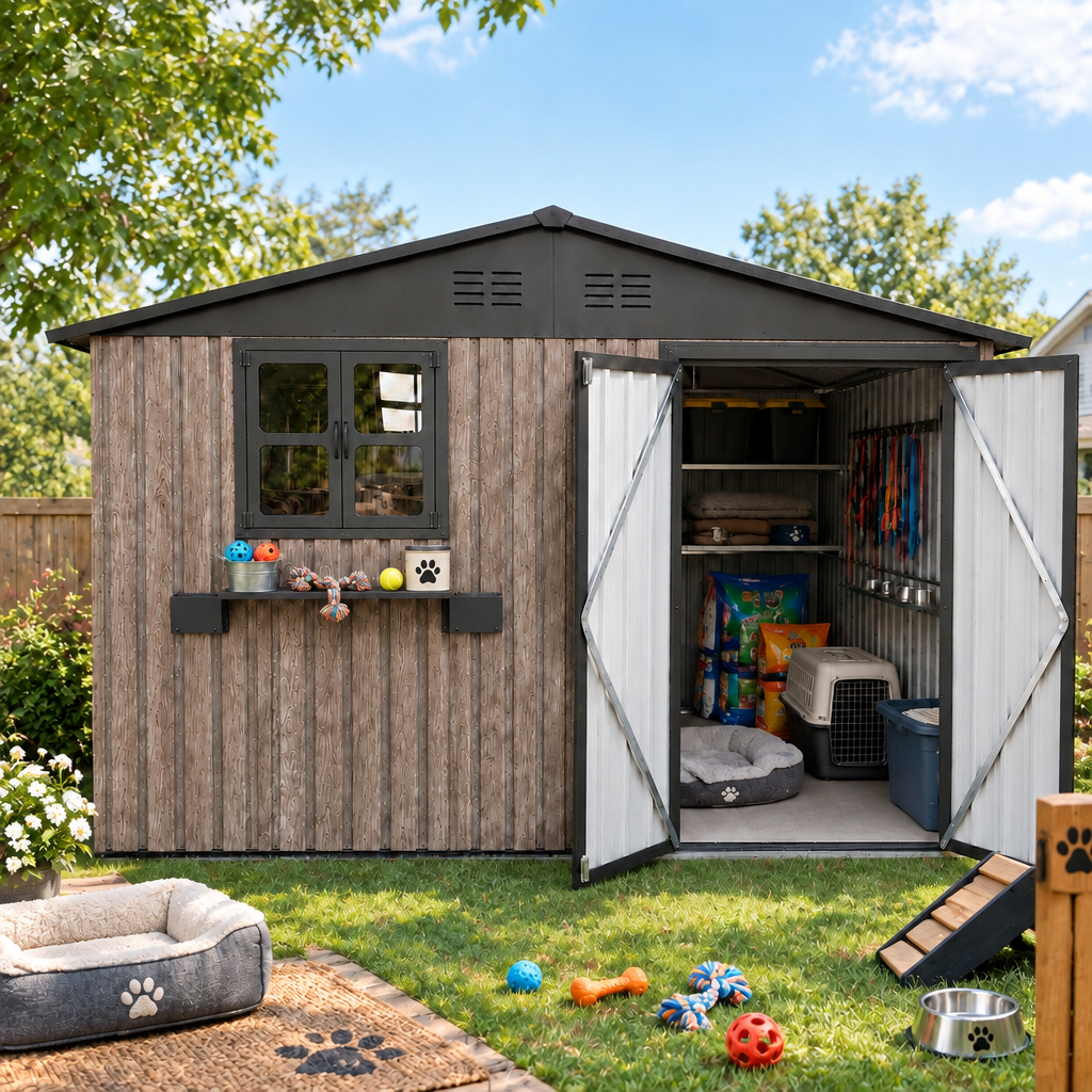 10x8 FT Outdoor Metal Storage Shed with Window & Flower Rack, Lockable Double Doors Tool Shed, Waterproof Weatherproof Garden Shed for Backyard Patio,Grey+Black.