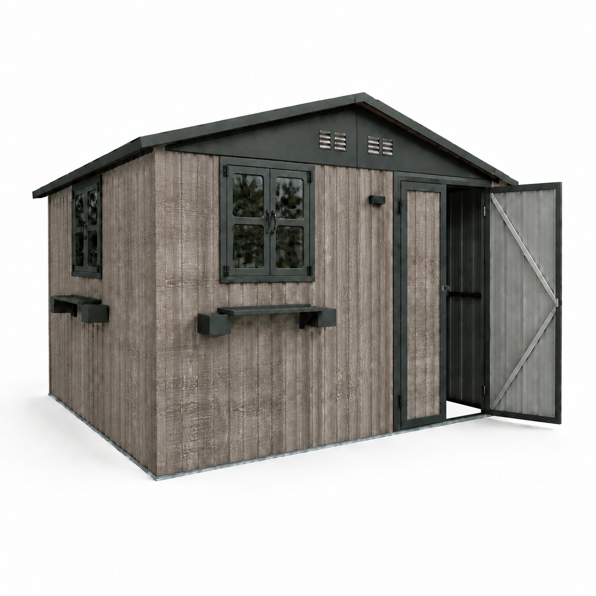 10x8 FT Outdoor Metal Storage Shed with Window & Flower Rack, Lockable Double Doors Tool Shed, Waterproof Weatherproof Garden Shed for Backyard Patio,Grey+Black.