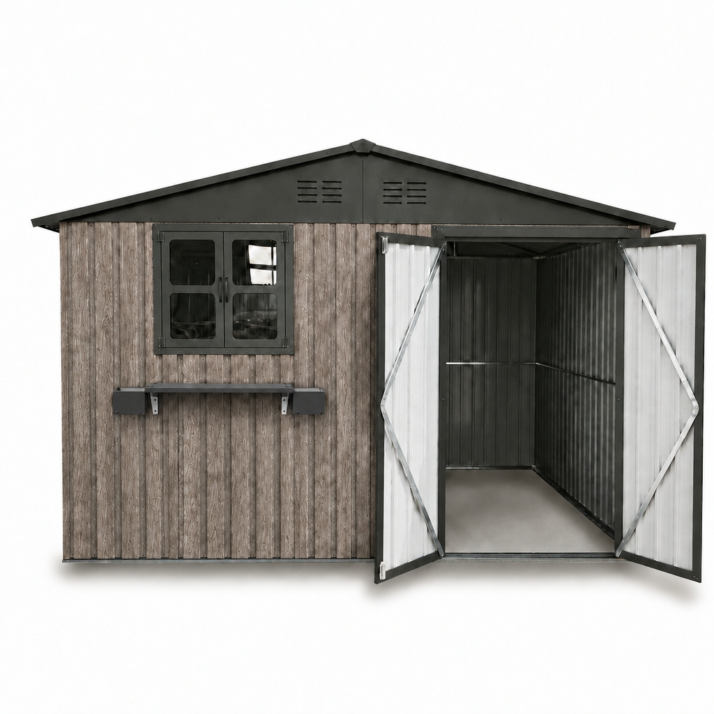 10x8 FT Outdoor Metal Storage Shed with Window & Flower Rack, Lockable Double Doors Tool Shed, Waterproof Weatherproof Garden Shed for Backyard Patio,Grey+Black.