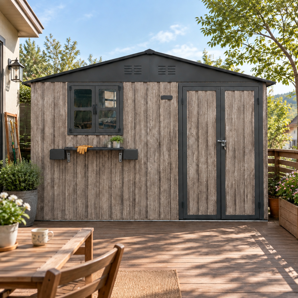 10x8 FT Outdoor Metal Storage Shed with Window & Flower Rack, Lockable Double Doors Tool Shed, Waterproof Weatherproof Garden Shed for Backyard Patio,Grey+Black.