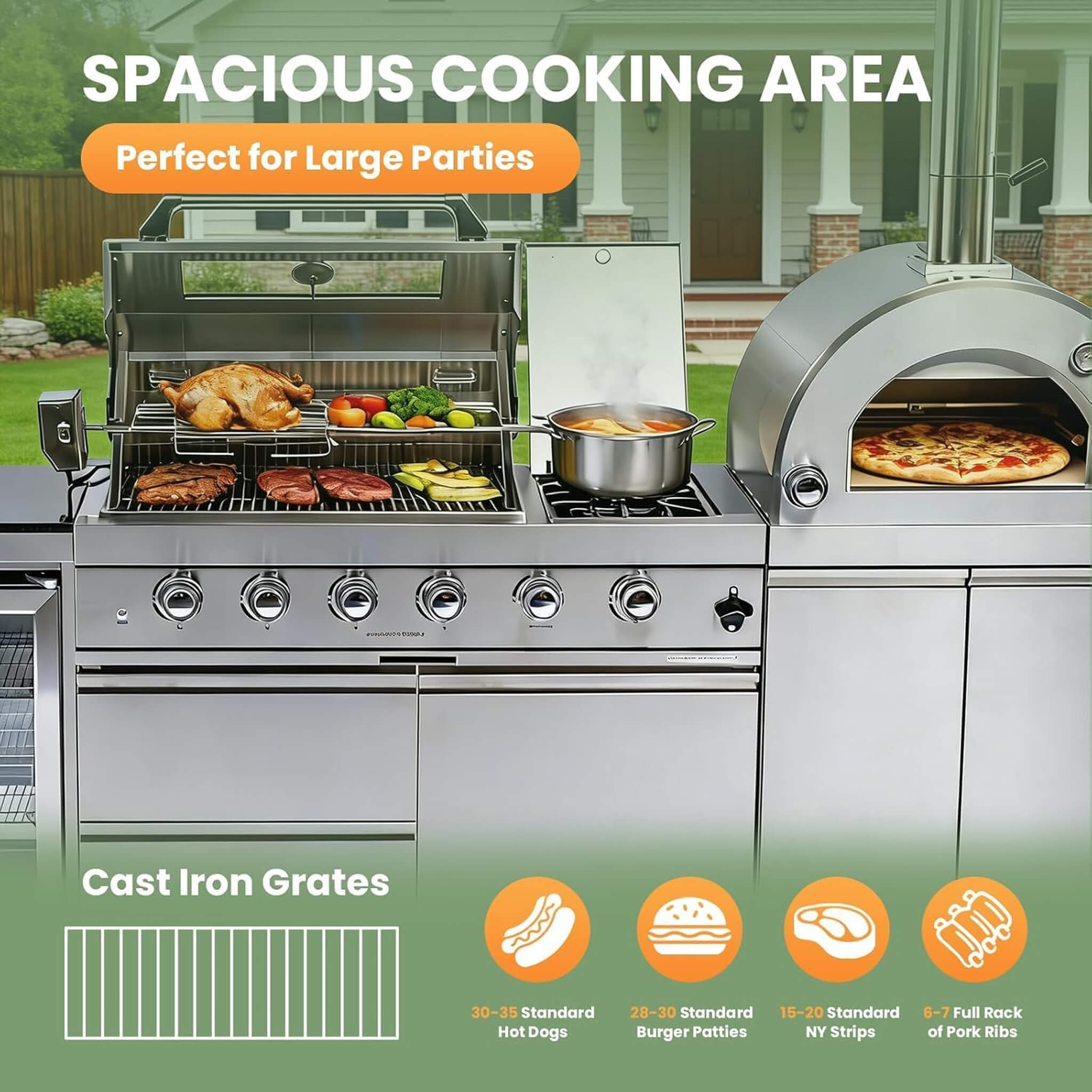 Blazon 112-Inch 4-Burner 108K BTU Outdoor Kitchen Island With Pizza Oven, Rotisserie & Refrigerator
