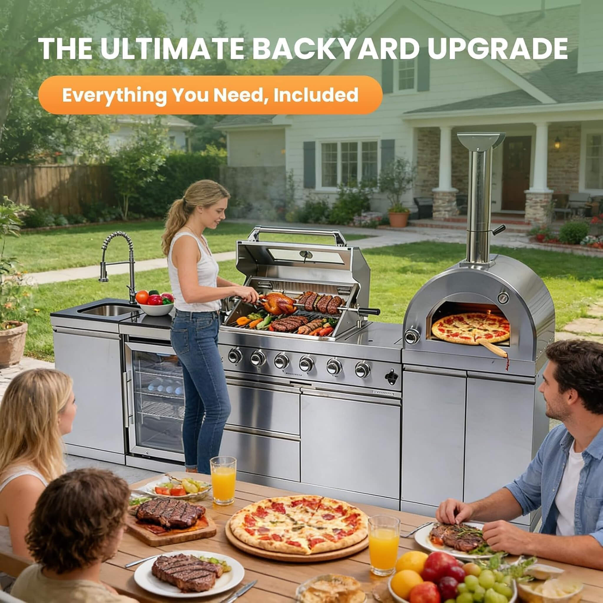 Blazon 112-Inch 4-Burner 108K BTU Outdoor Kitchen Island With Pizza Oven, Rotisserie & Refrigerator