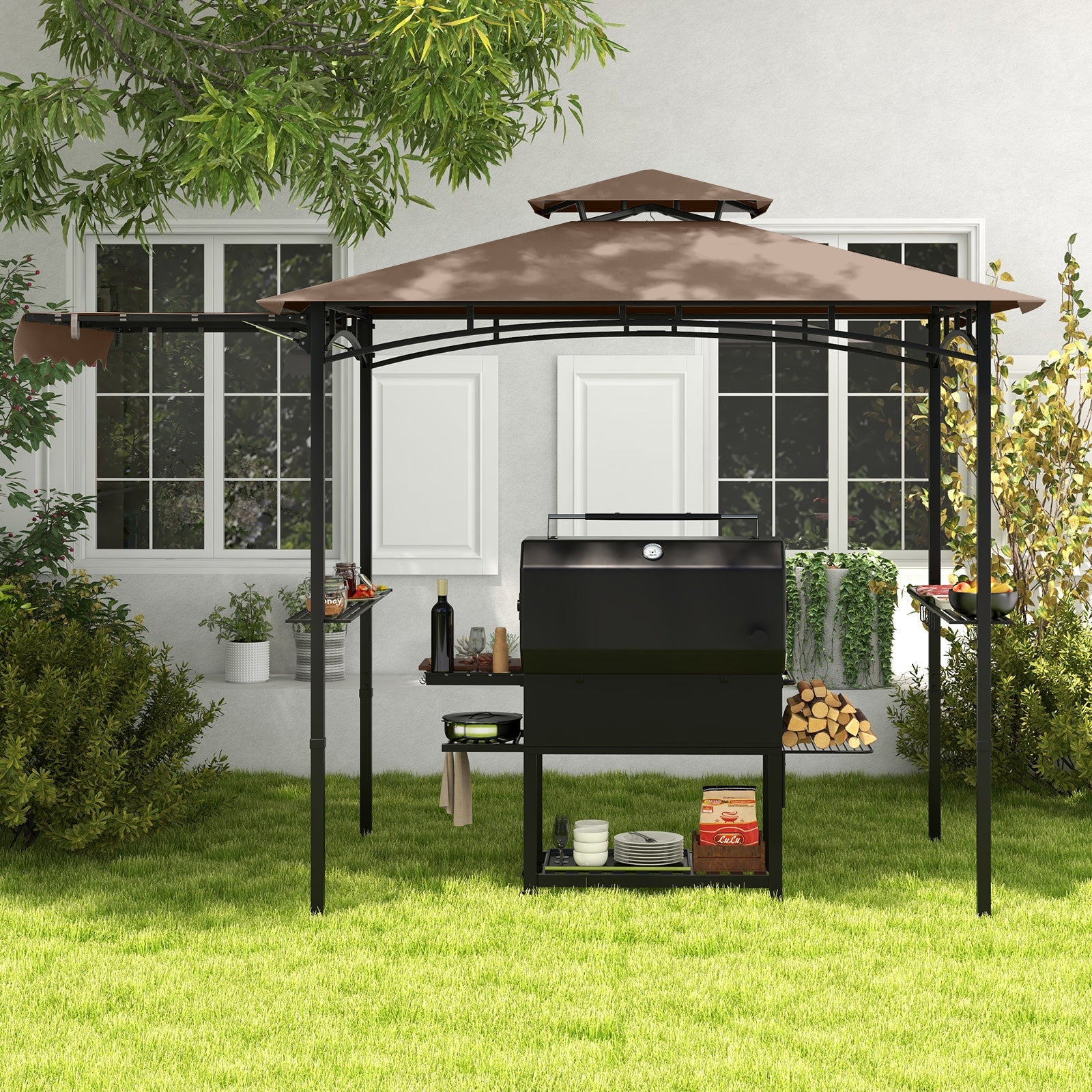 11 x 5 FT Grill Gazebo with Side Awning and Double-Tiered Top-Brown