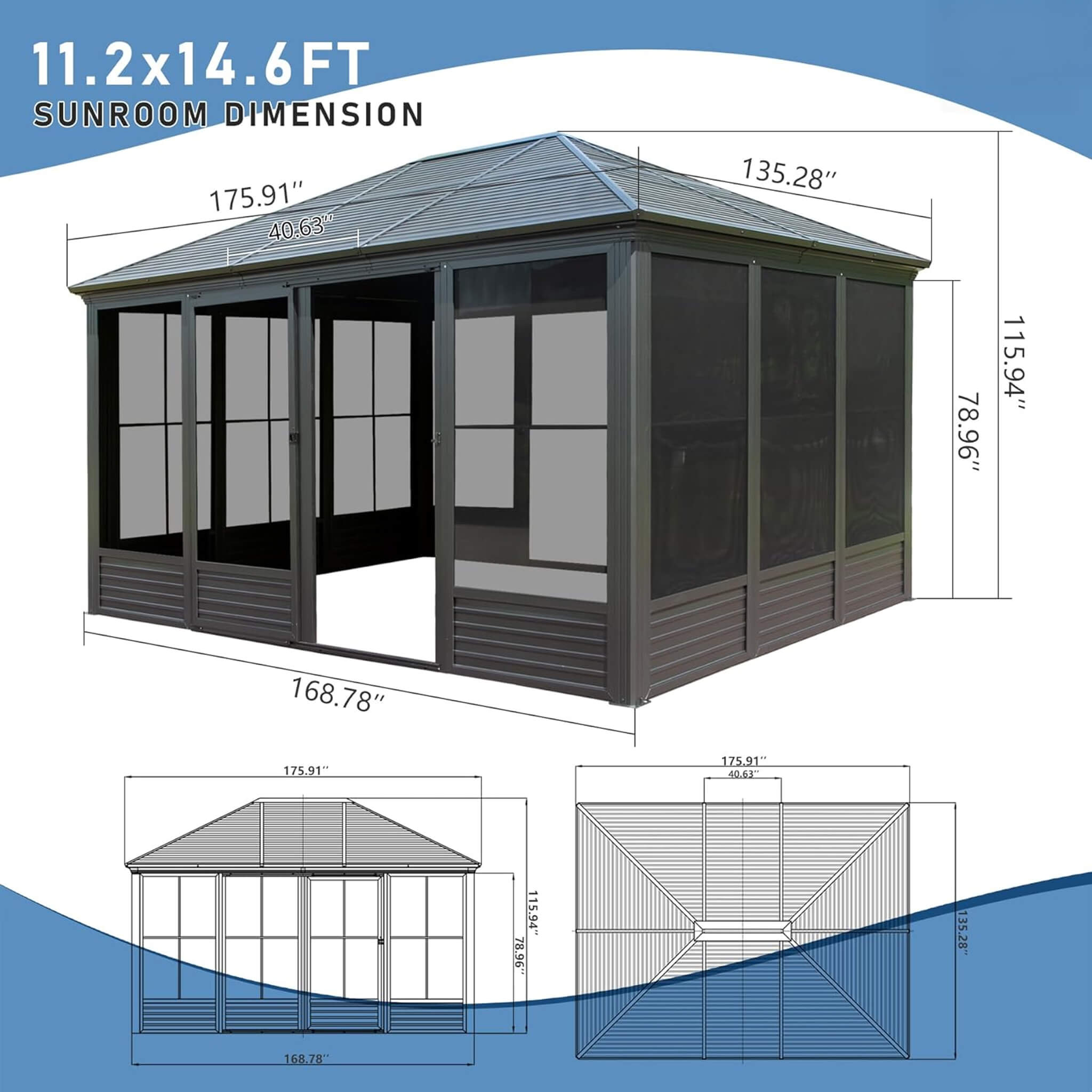 Alora Meridian Premium Four Season Outdoor Aluminum Hardtop Gazebo Sunroom With Galvanized Steel Roof, Sliding Doors And Movable PVC Screen Walls [11X14FT]
