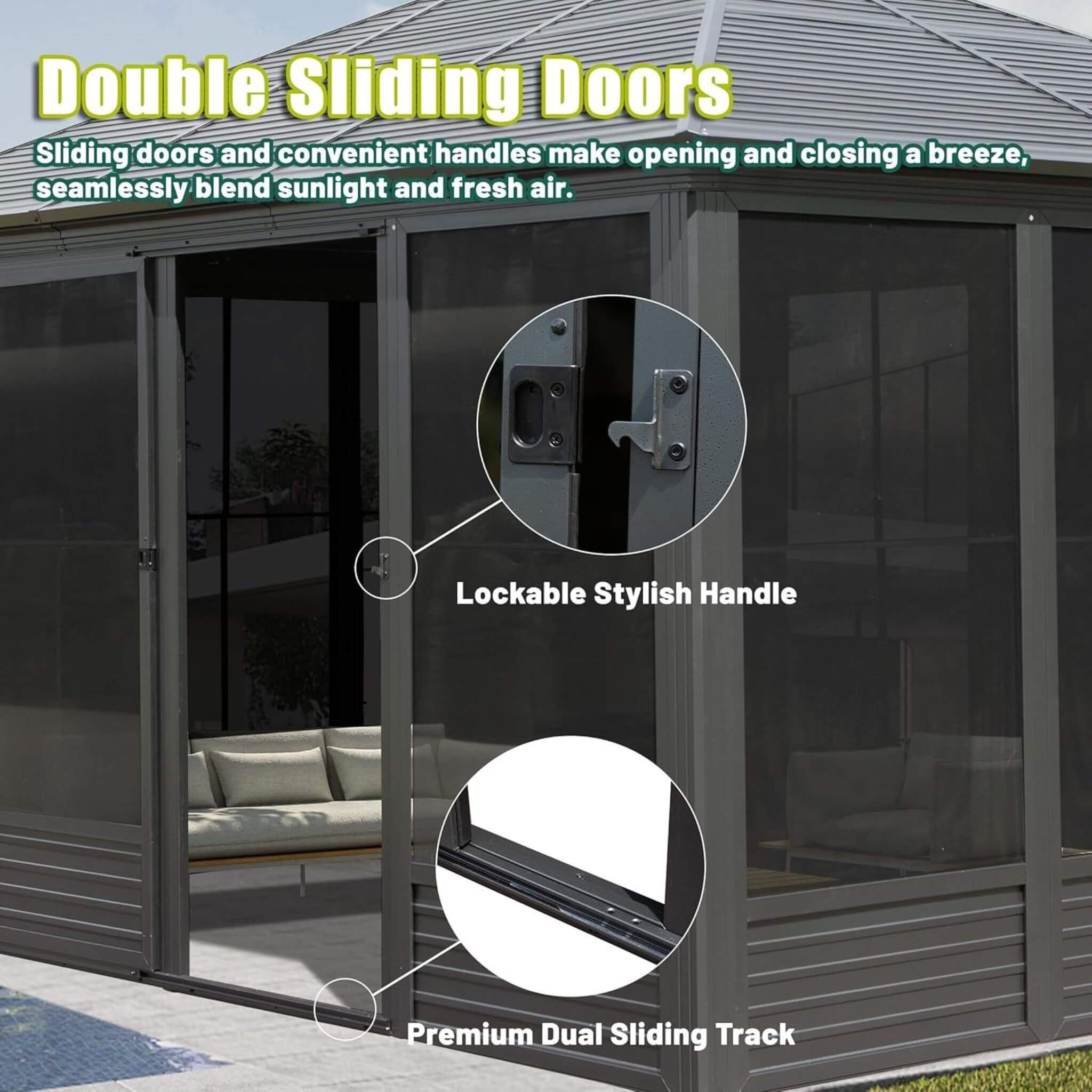 Alora Meridian Premium Four Season Outdoor Aluminum Hardtop Gazebo Sunroom With Galvanized Steel Roof, Sliding Doors And Movable PVC Screen Walls [11X14FT]