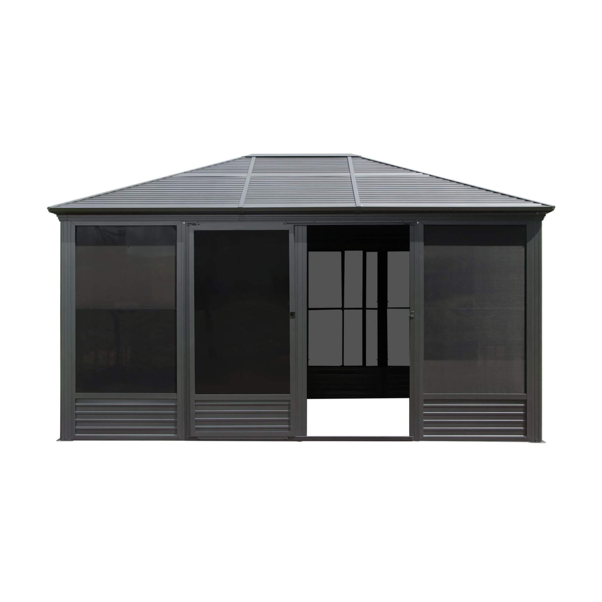 Alora Meridian Premium Four Season Outdoor Aluminum Hardtop Gazebo Sunroom With Galvanized Steel Roof, Sliding Doors And Movable PVC Screen Walls [11X14FT]