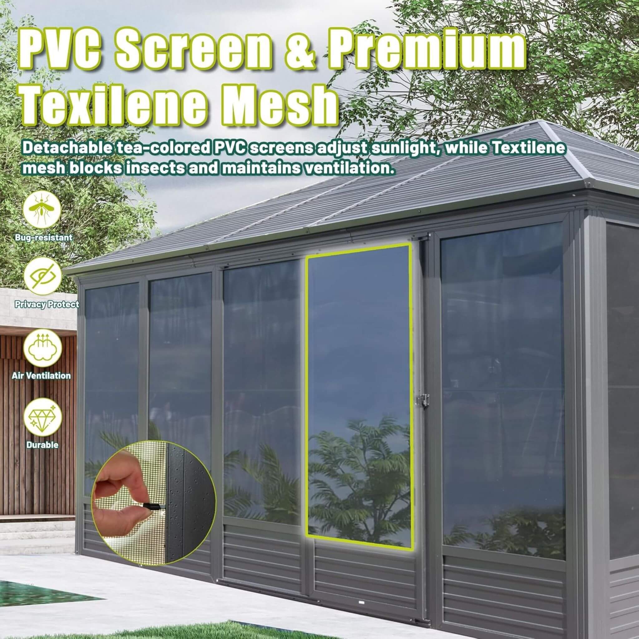 Alora Meridian Premium Four Season Outdoor Aluminum Hardtop Gazebo Sunroom With Galvanized Steel Roof, Sliding Doors And Movable PVC Screen Walls [11X14FT]