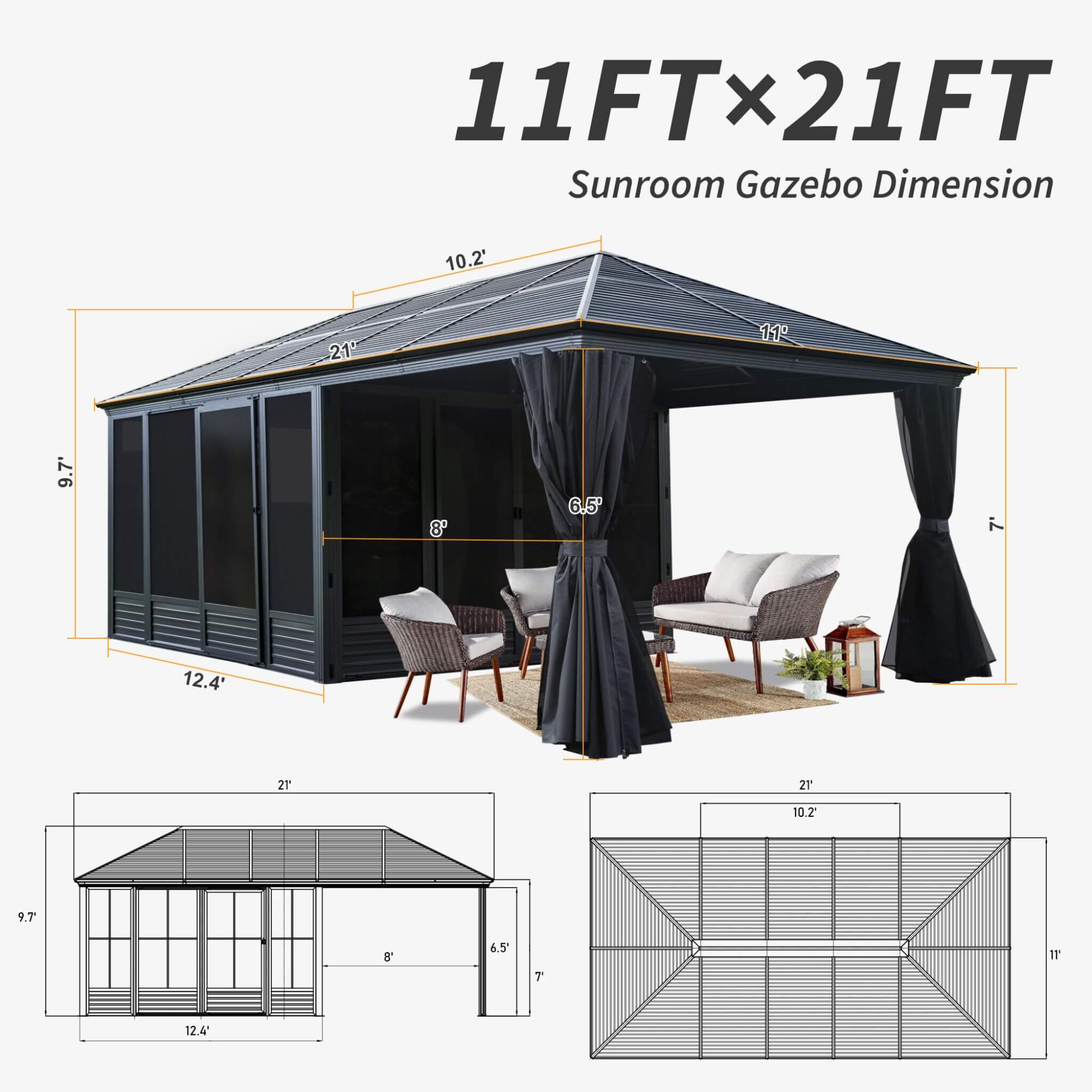 Alora Outdoor All-Season Solarium Sunroom Gazebo With Galvanized Steel Roof [11X21FT]