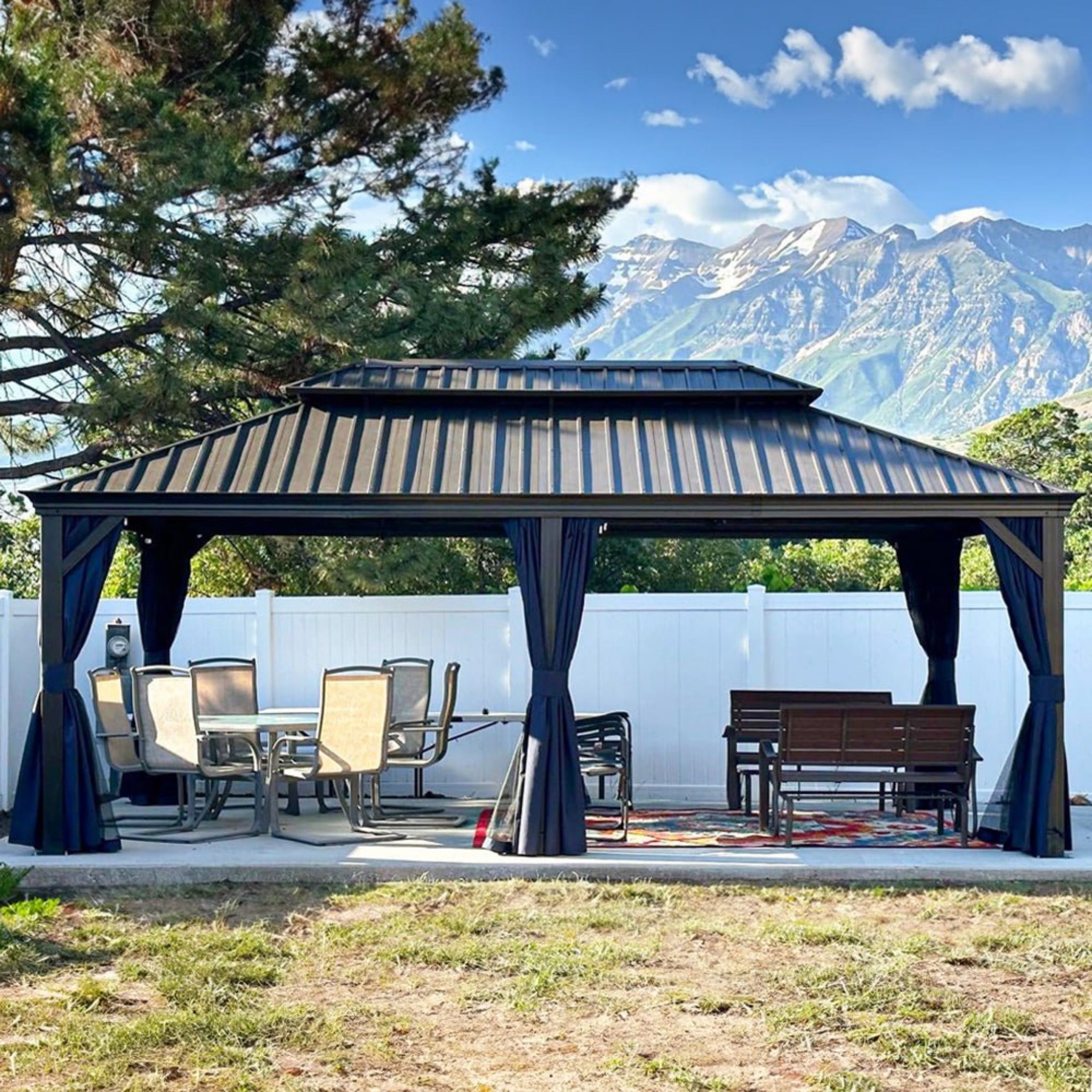 Heavy-Duty Outdoor Backyard Hardtop Gazebo With Netting And Curtains [12X20FT]