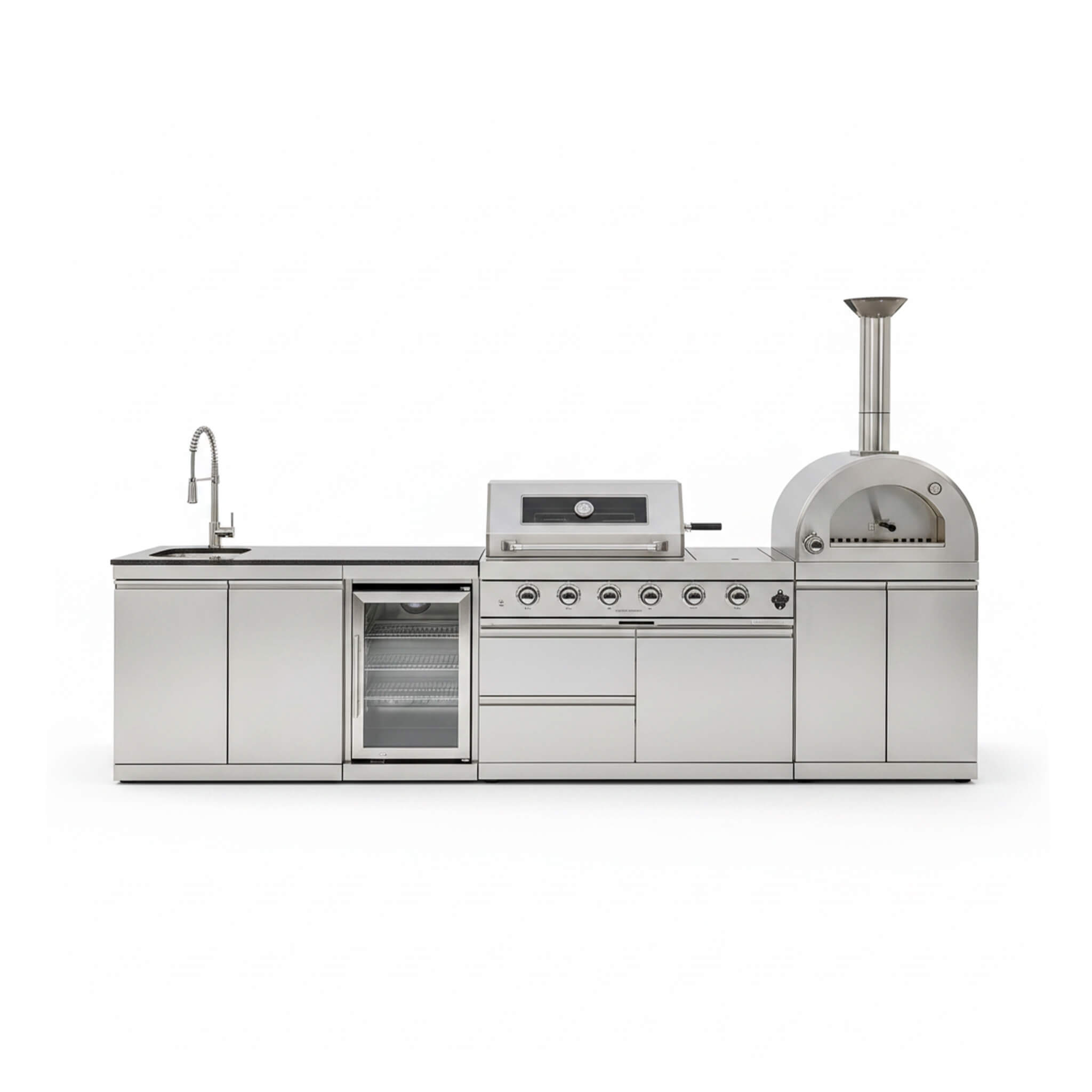 Blazon 125-Inch 4-Burner 108K BTU Outdoor Kitchen Island With Pizza Oven, Rotisserie & Refrigerator