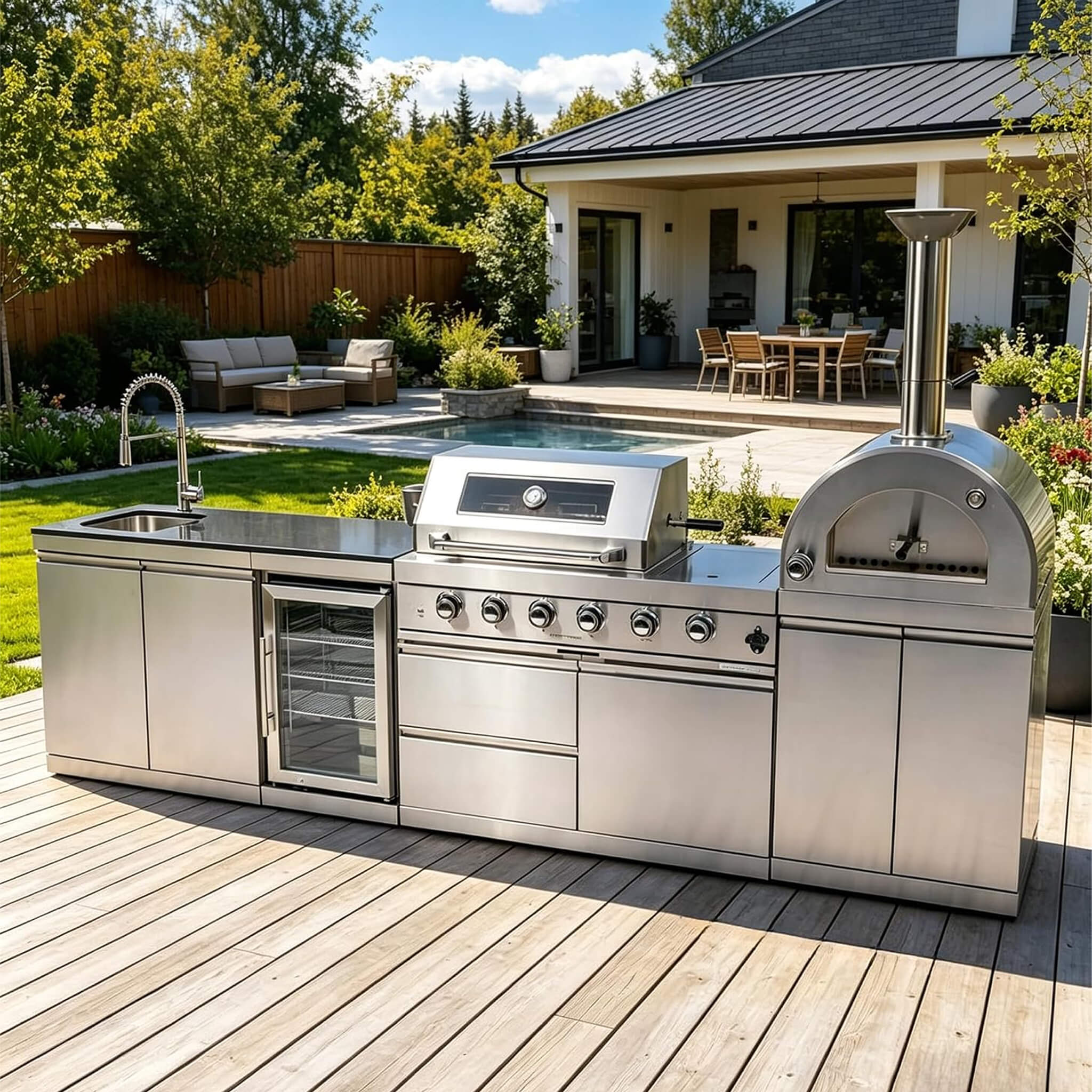 Blazon 125-Inch 4-Burner 108K BTU Outdoor Kitchen Island With Pizza Oven, Rotisserie & Refrigerator