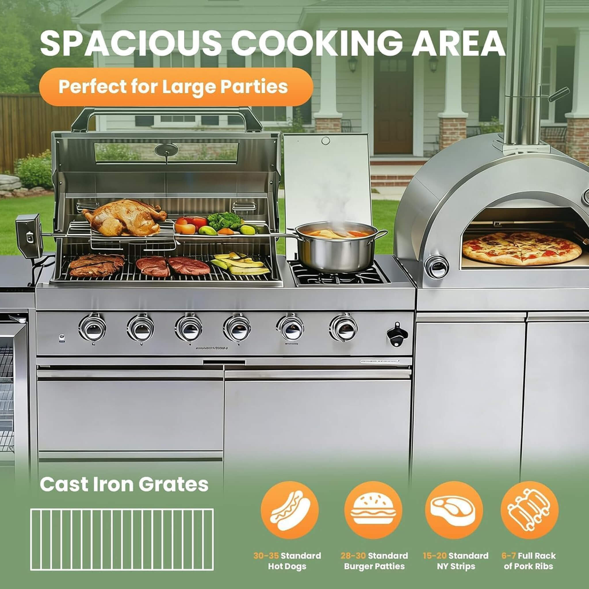 Blazon 125-Inch 4-Burner 108K BTU Outdoor Kitchen Island With Pizza Oven, Rotisserie & Refrigerator