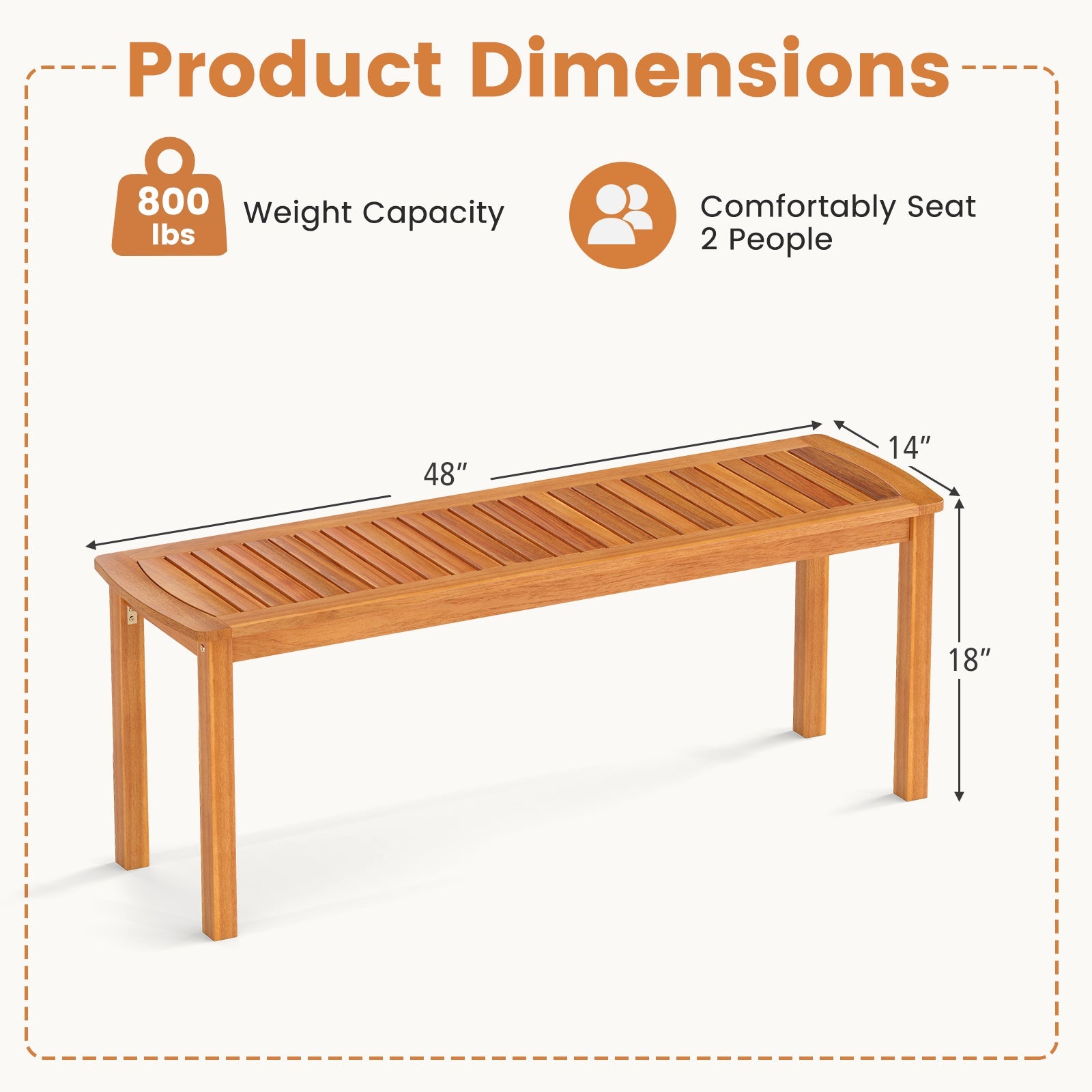 Acacia wood outdoor bench with slatted seat for garden
