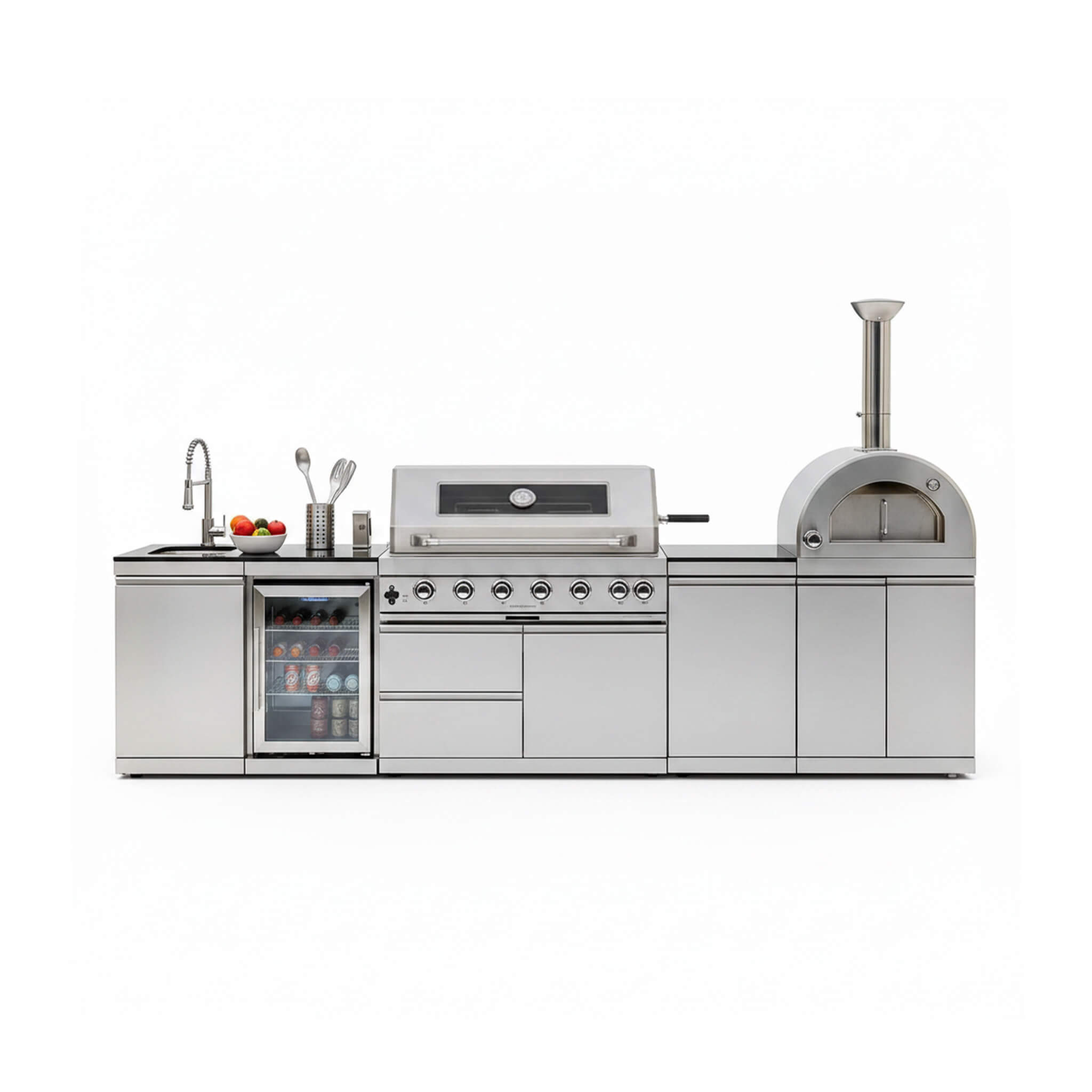 Blazon 128-Inch 6-Burner 120K BTU Outdoor Kitchen Island With Pizza Oven, Rotisserie & Refrigerator
