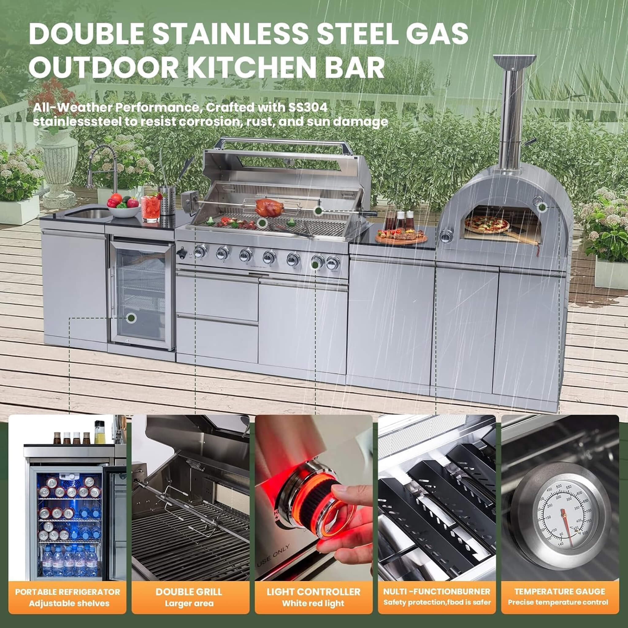 Blazon 128-Inch 6-Burner 120K BTU Outdoor Kitchen Island With Pizza Oven, Rotisserie & Refrigerator