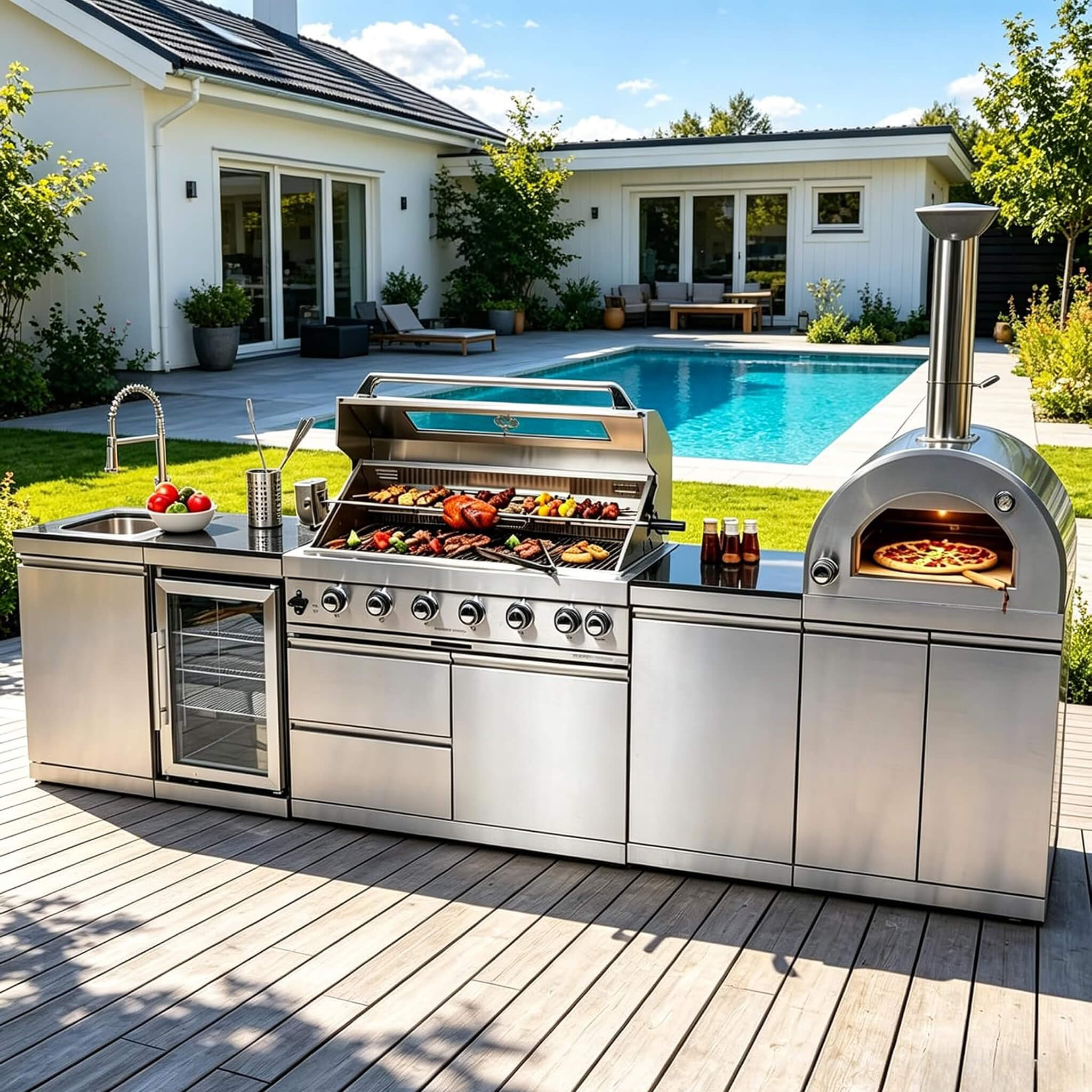Blazon 128-Inch 6-Burner 120K BTU Outdoor Kitchen Island With Pizza Oven, Rotisserie & Refrigerator