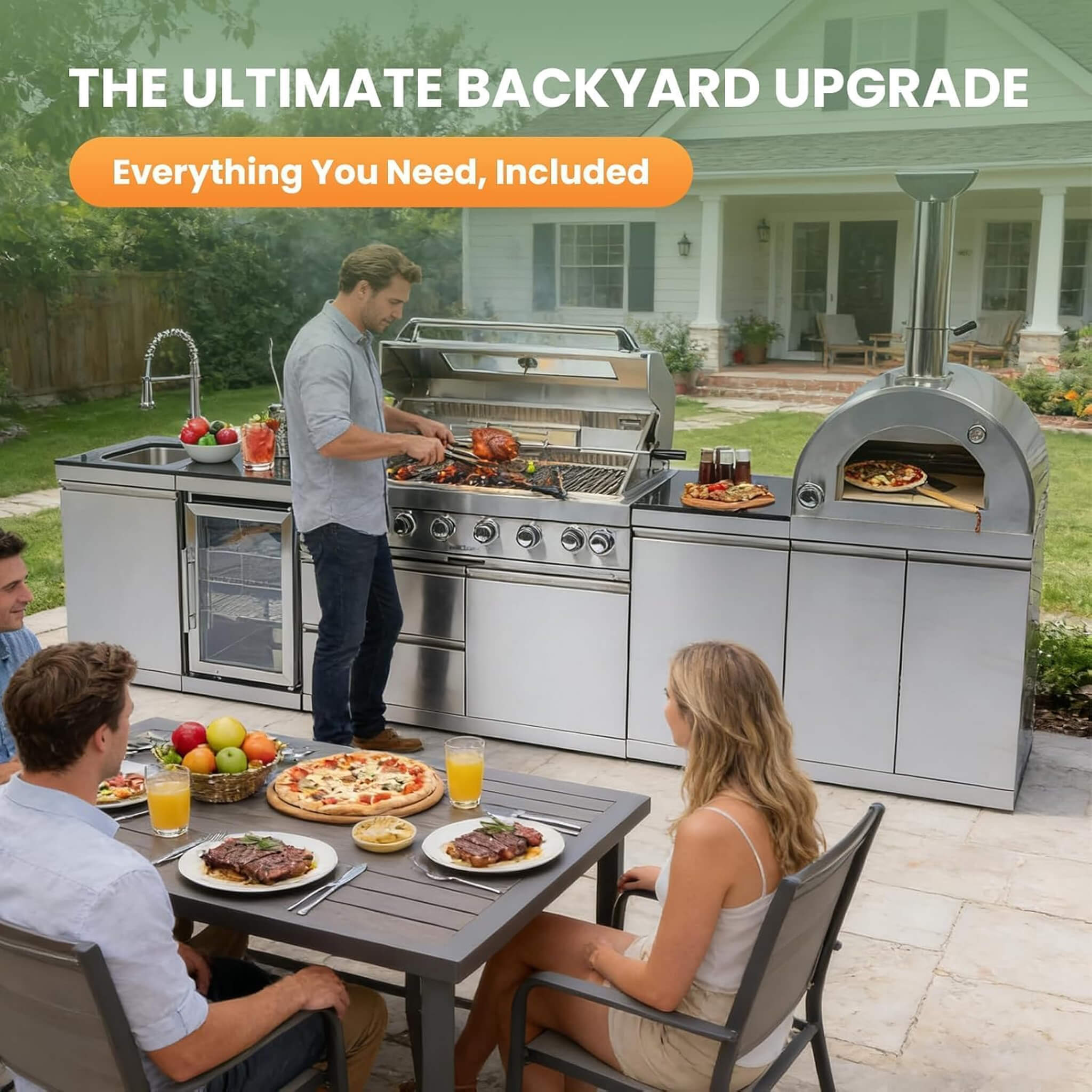 Blazon 128-Inch 6-Burner 120K BTU Outdoor Kitchen Island With Pizza Oven, Rotisserie & Refrigerator