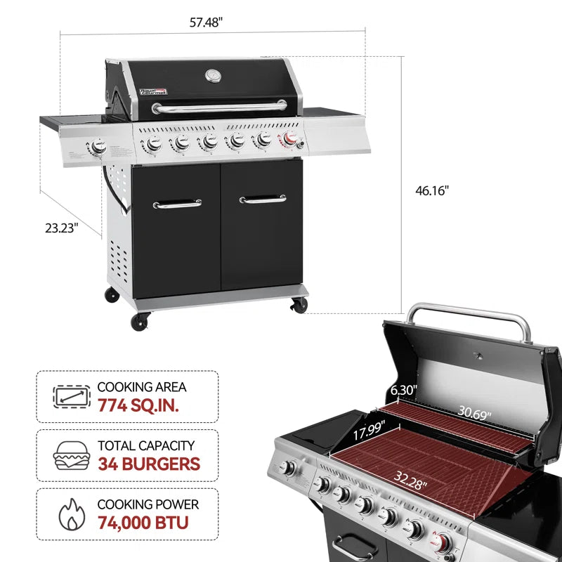 6 - Burner Free Standing Liquid Propane Gas Grill with Side Burner and Cabinet