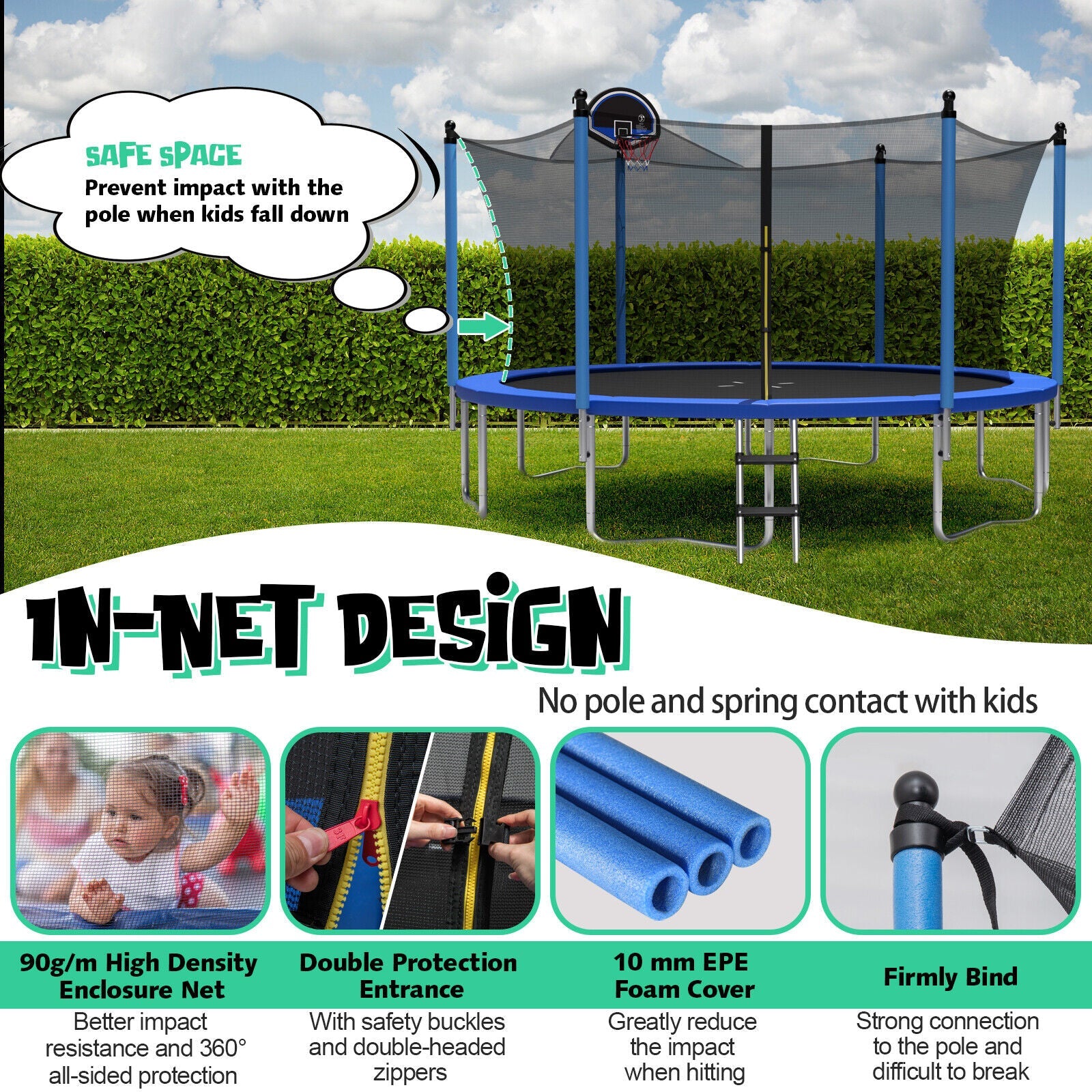 Outdoor Recreational Trampoline with Ladder and Enclosure Net