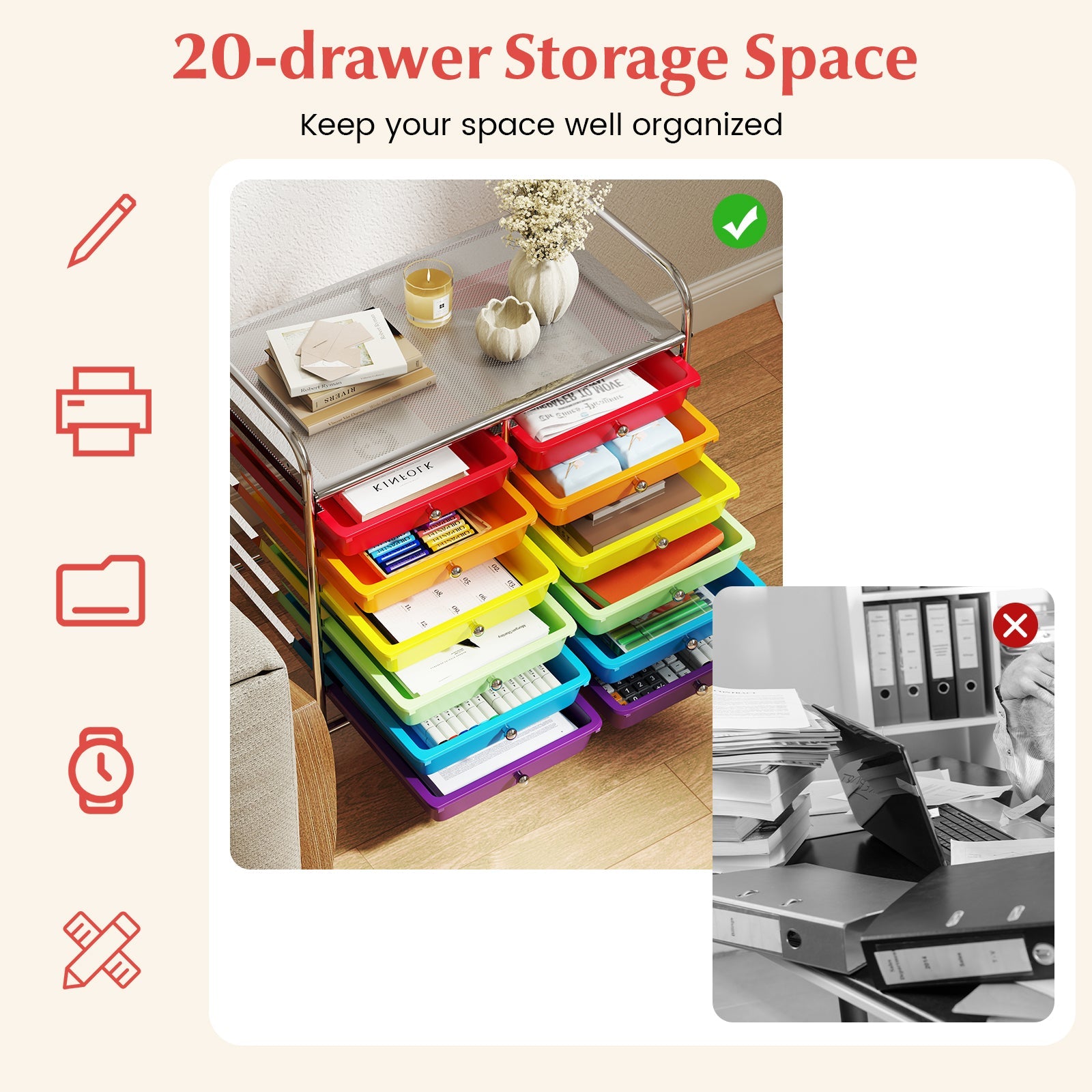 12 Drawers Rolling Storage Cart for Home and Office-Multicolor