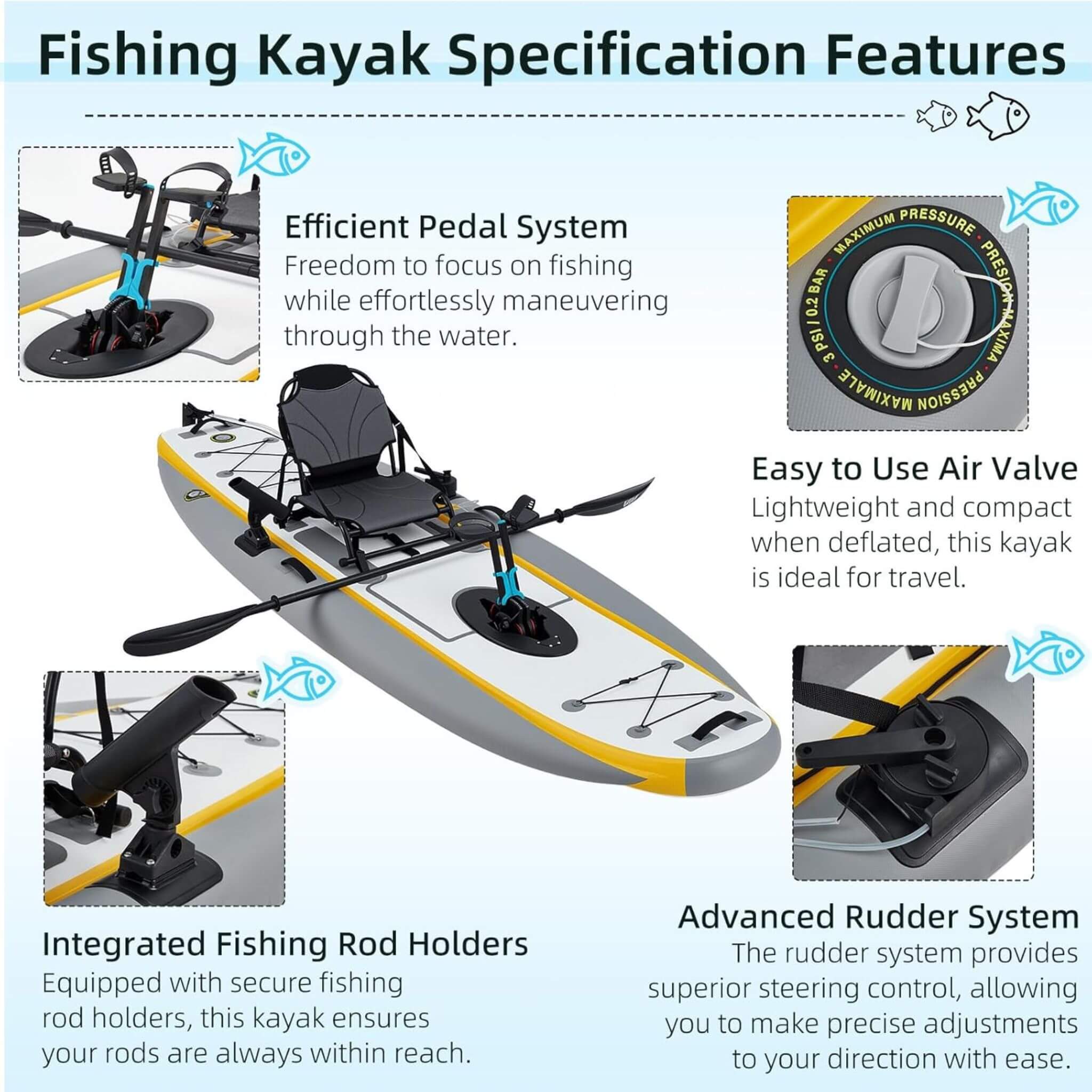 Portable 12FT Lightweight Inflatable PVC Fishing Kayak With Pedal System