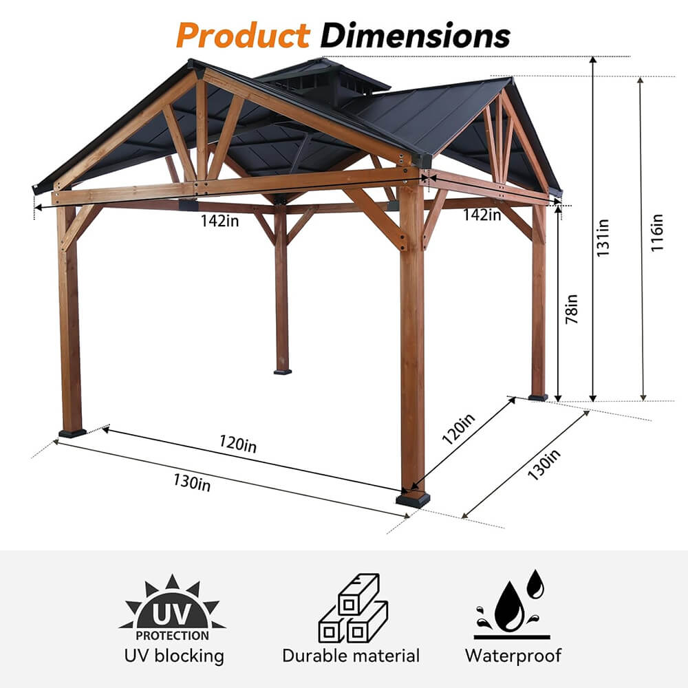Alora Premium Outdoor Cedar Wood Hardtop Gazebo With Galvanized Steel Roof [12X12FT]