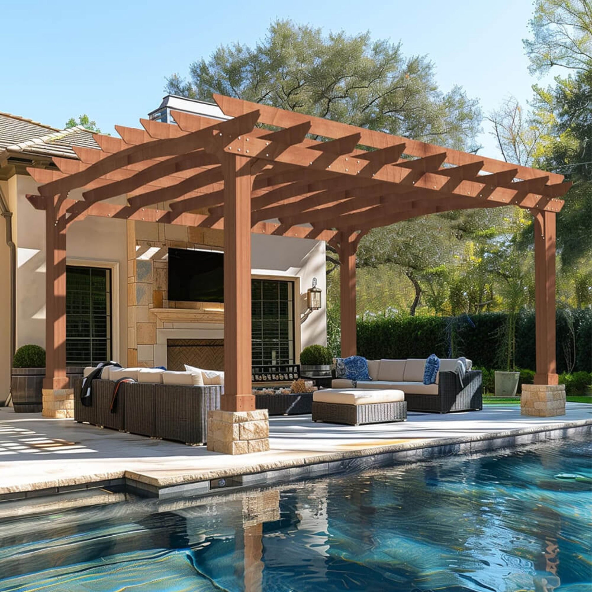 [12X14FT] Alora Luxury Outdoor All-Season Backyard Cedar Wood Gazebo Pergola With Arched Roof And Stakes For Patios (SAK68194)