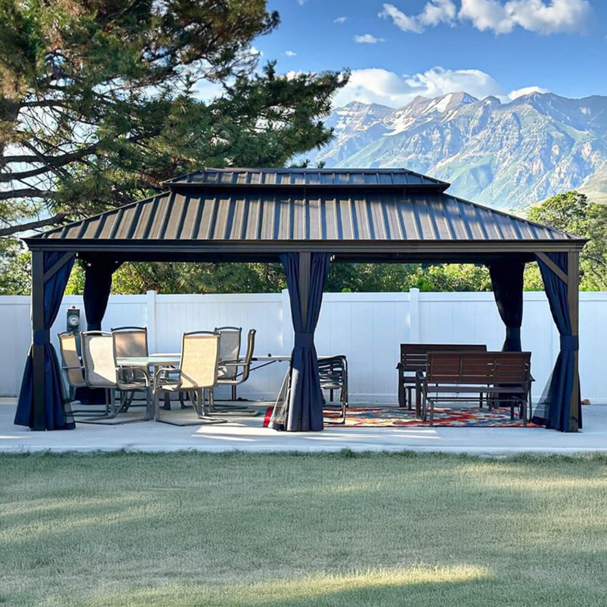 Heavy-Duty Outdoor Backyard Hardtop Gazebo With Netting And Curtains [12X20FT]