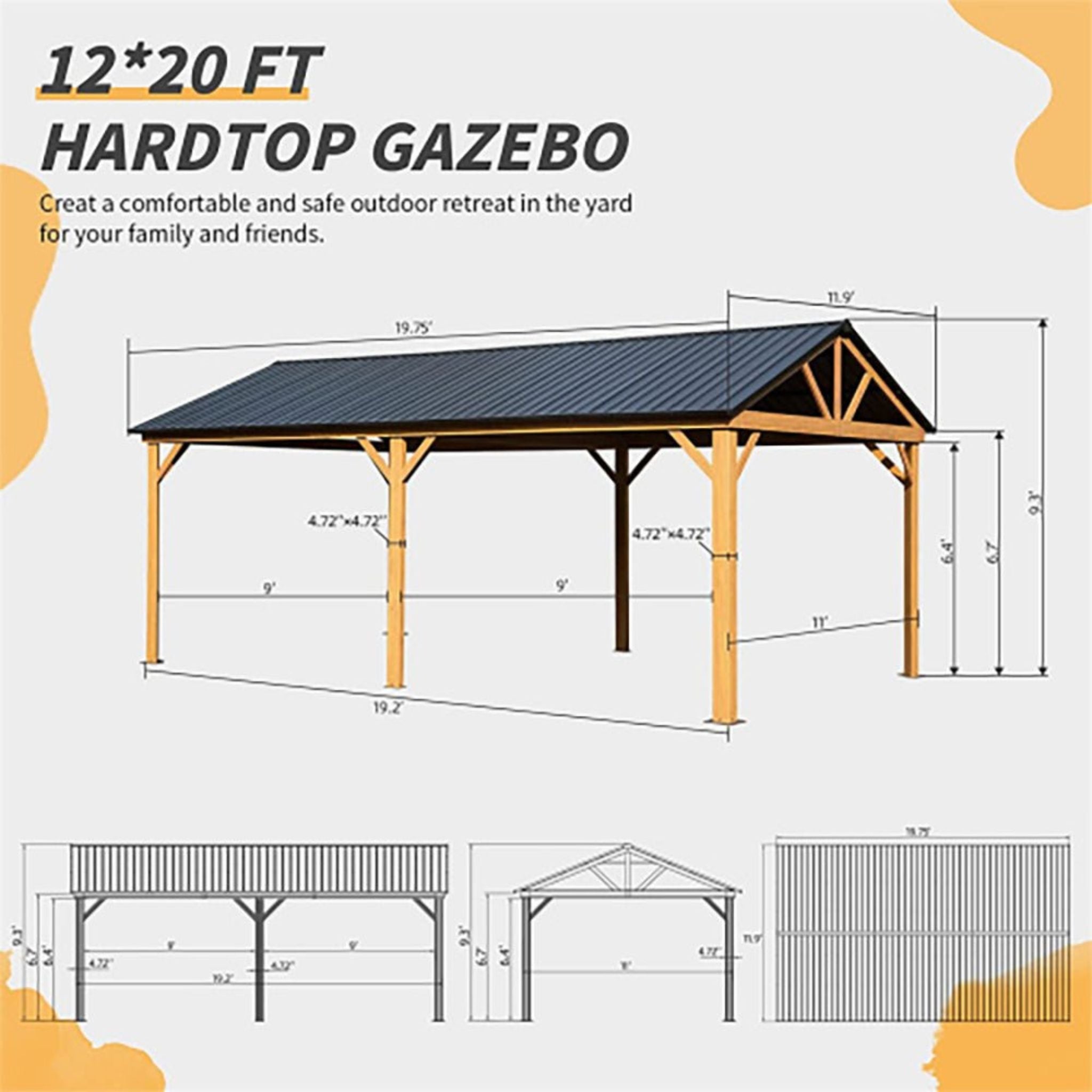 Premium Outdoor Double-Layer Galvanized Steel Hardtop Gazebo Pergola For Patio [12X20FT]