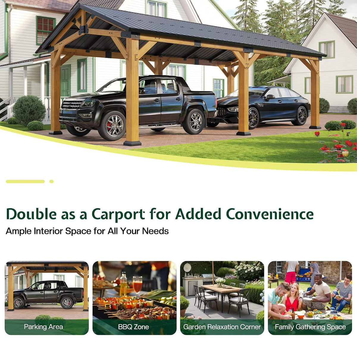 [12X24FT] Premium Galvanized Steel Roof Cedar Wood Hardtop Gazebo