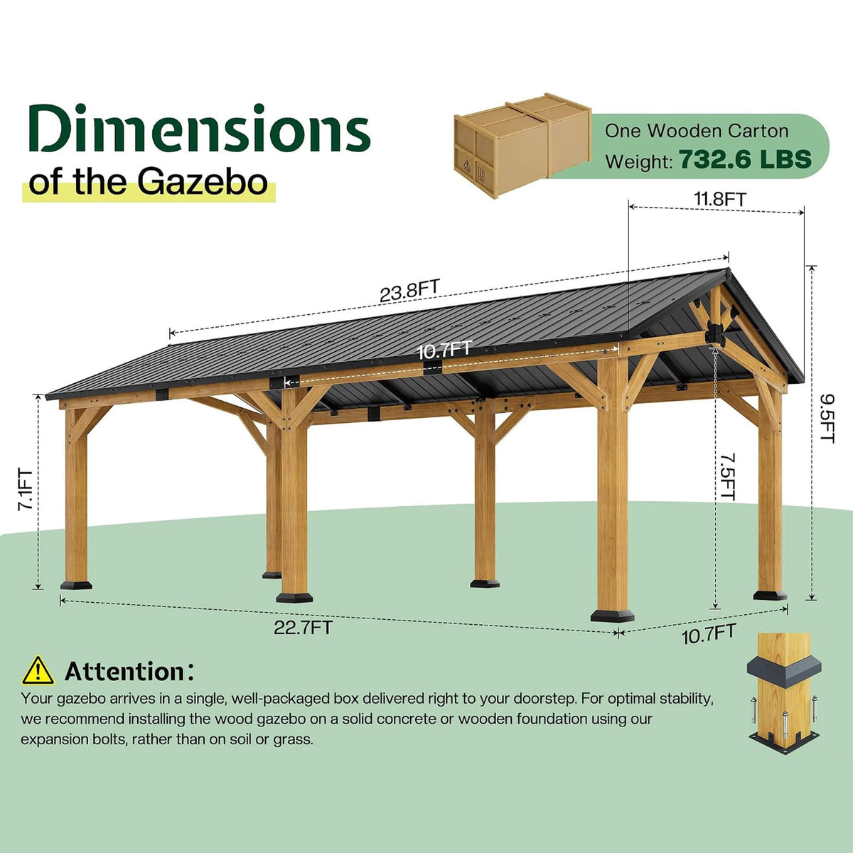 [12X24FT] Premium Galvanized Steel Roof Cedar Wood Hardtop Gazebo
