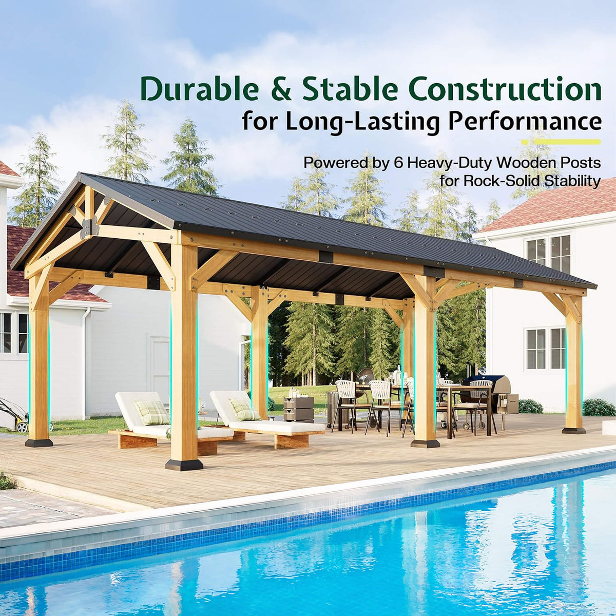[12X24FT] Premium Galvanized Steel Roof Cedar Wood Hardtop Gazebo