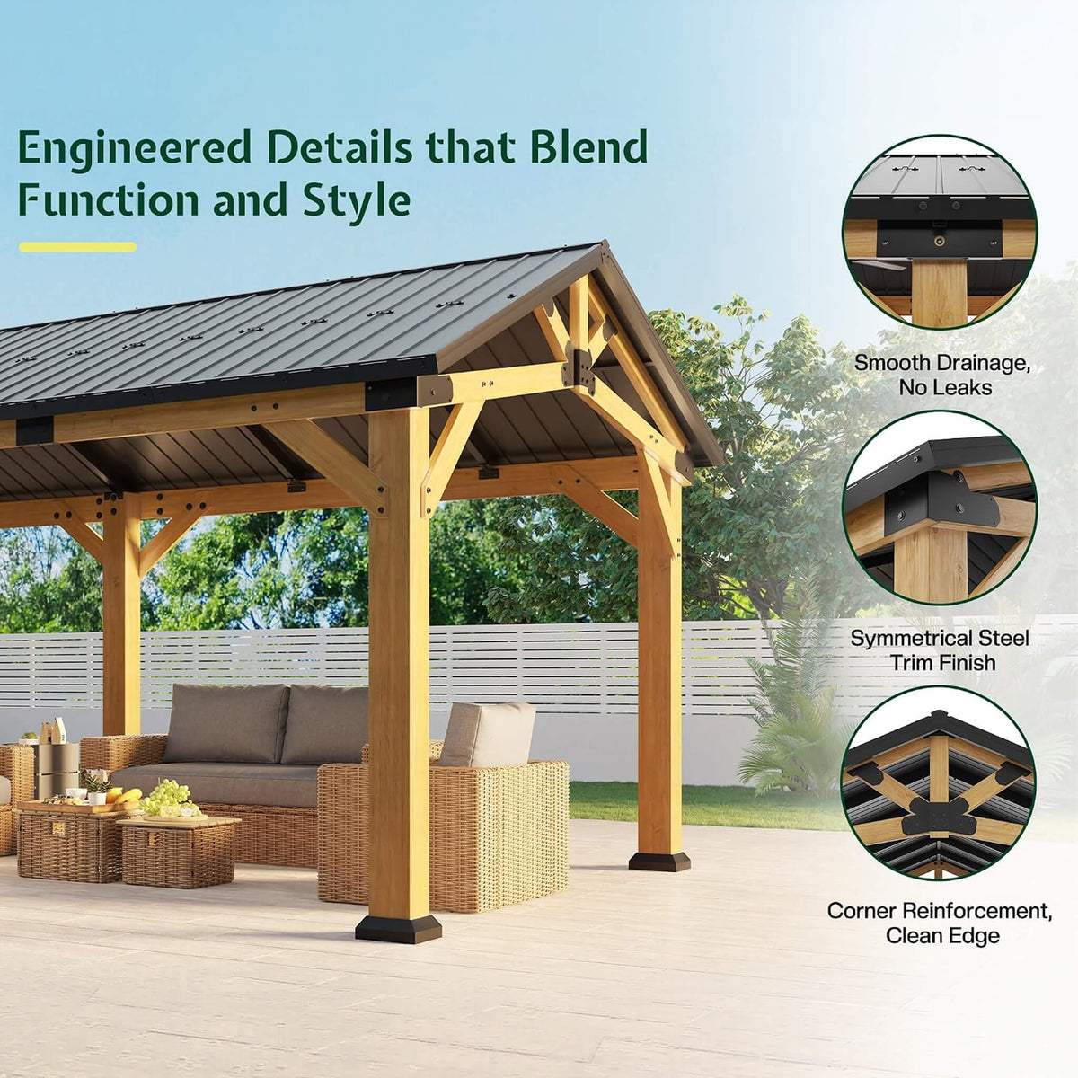[12X24FT] Premium Galvanized Steel Roof Cedar Wood Hardtop Gazebo