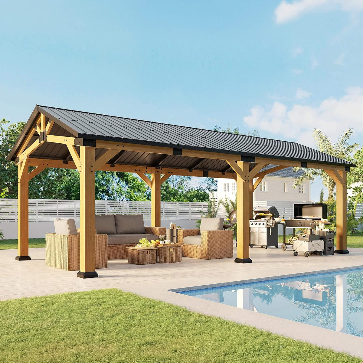 [12X24FT] Premium Galvanized Steel Roof Cedar Wood Hardtop Gazebo