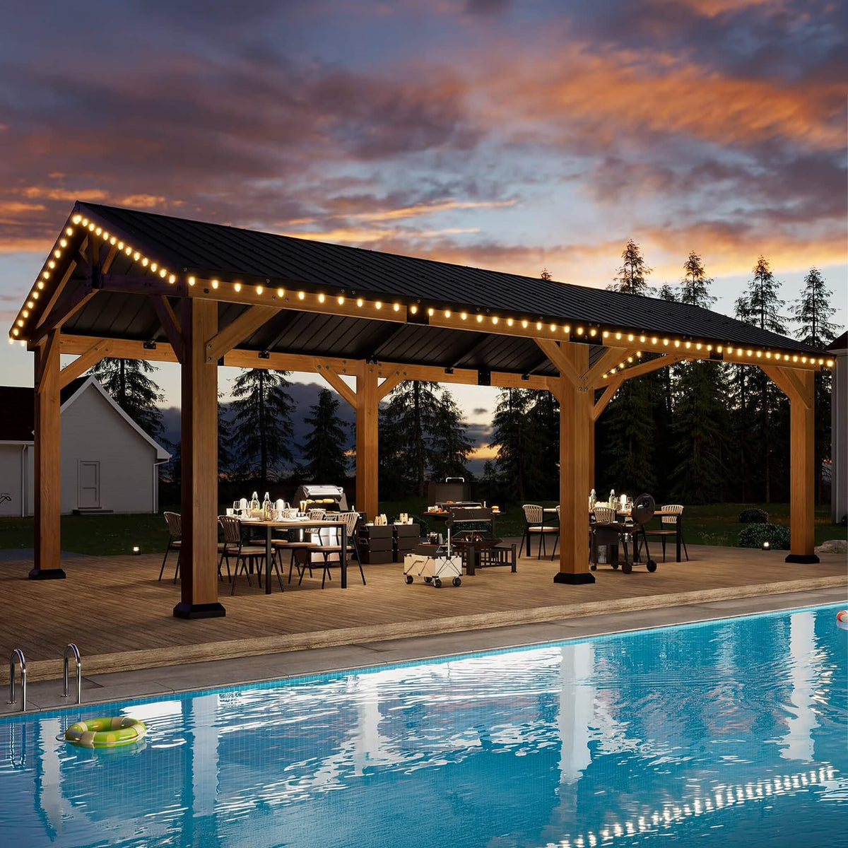 [12X24FT] Premium Galvanized Steel Roof Cedar Wood Hardtop Gazebo