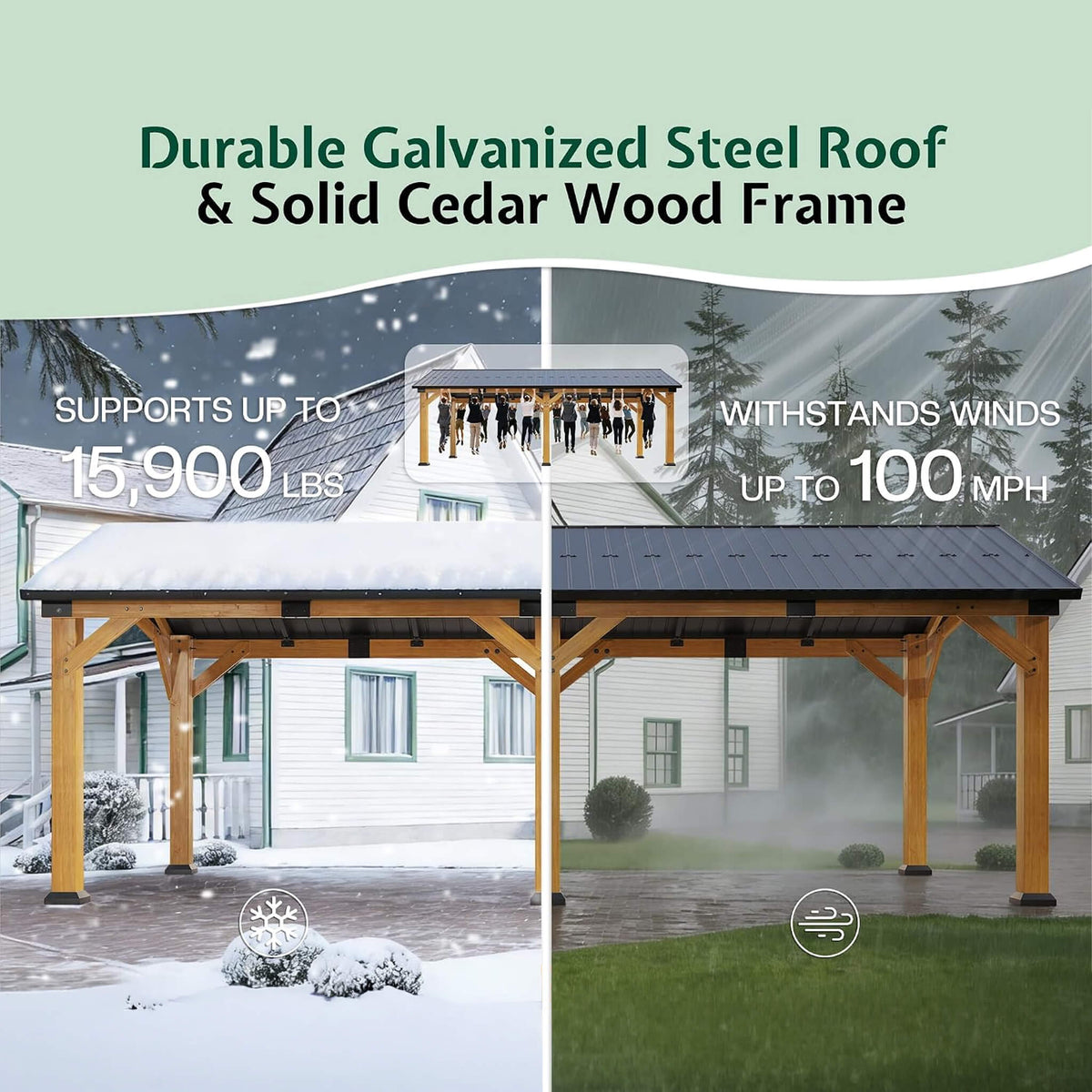 [12X24FT] Premium Galvanized Steel Roof Cedar Wood Hardtop Gazebo