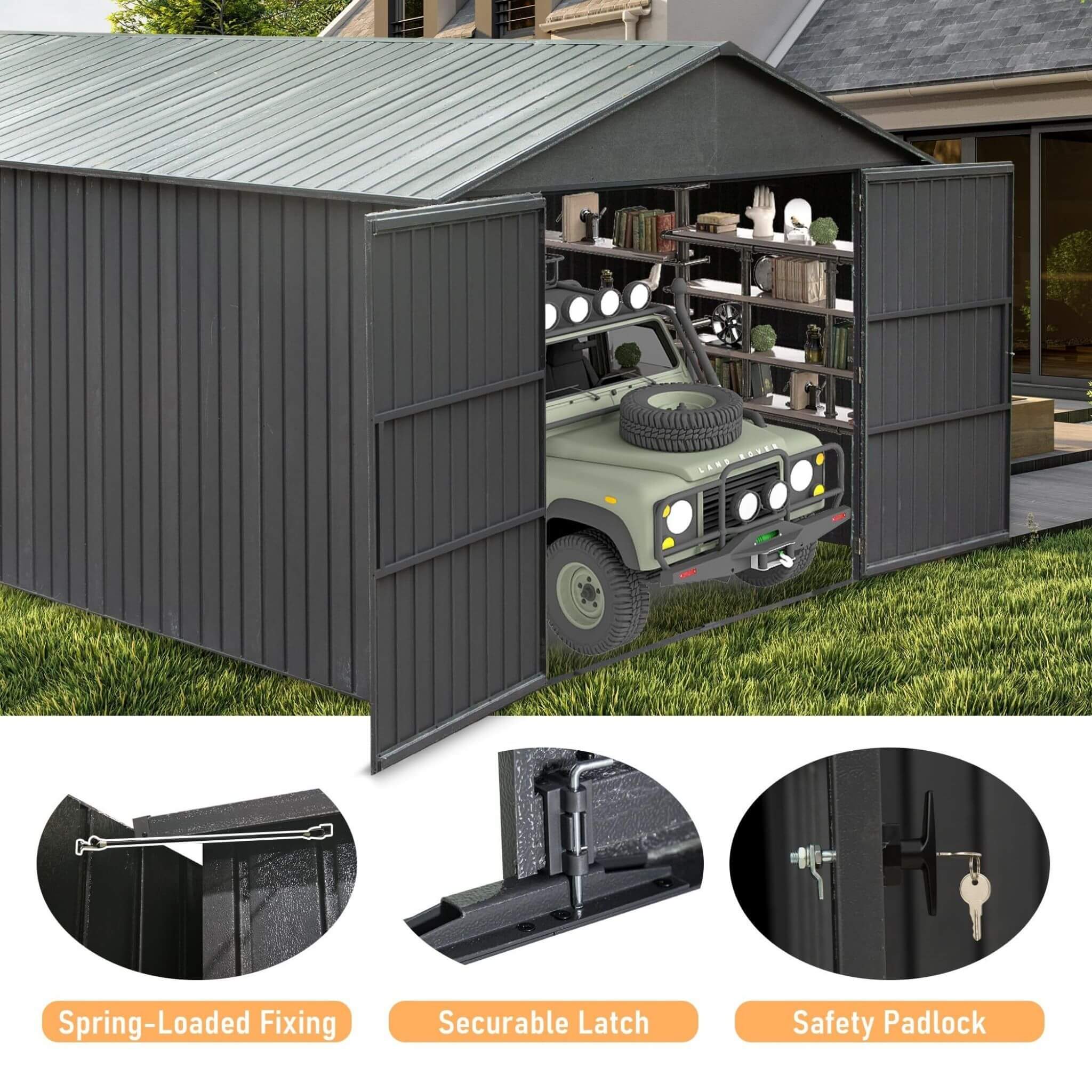 [12X25FT] Alora Extra Large Heavy-Duty Outdoor Metal Carport Garage Shed With Lockable Double Hinged Doors (SAK34153)
