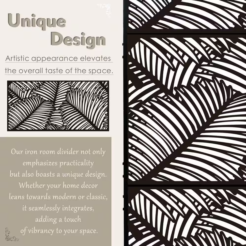Powder Coated Galvanized Steel Privacy Screen 74 In. H X 47.2 In. W Decorative Fence with Stand (Black Palm Leaf)