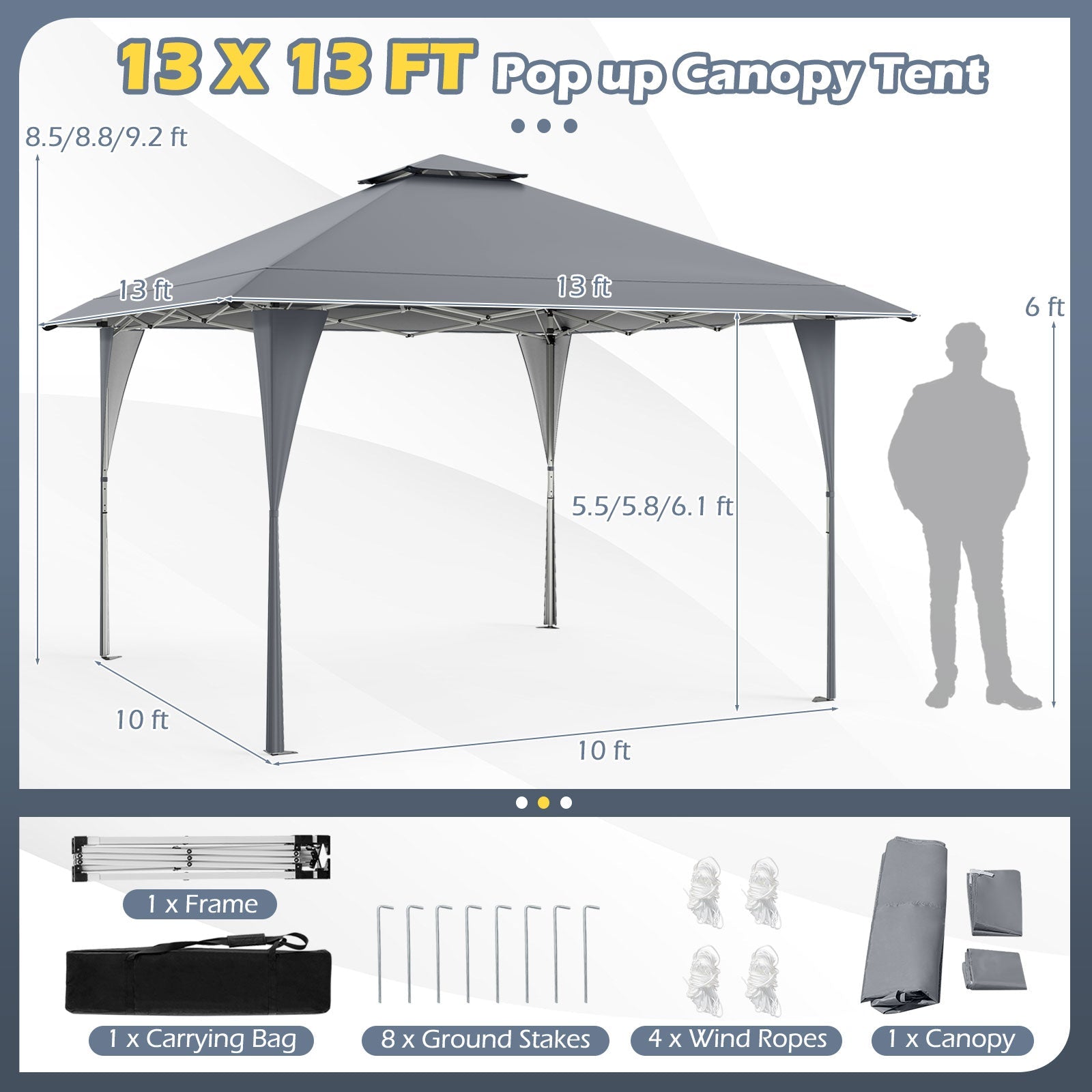 13 X 13 FT Pop up Gazebo with Portable Carrying Bag 8 Stakes and 4 Wind Ropes-Gray