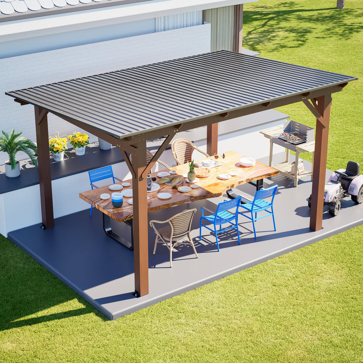 Wooden Garden Gazebo with Metal Roof - 13x10ft Outdoor Pergola - Brown