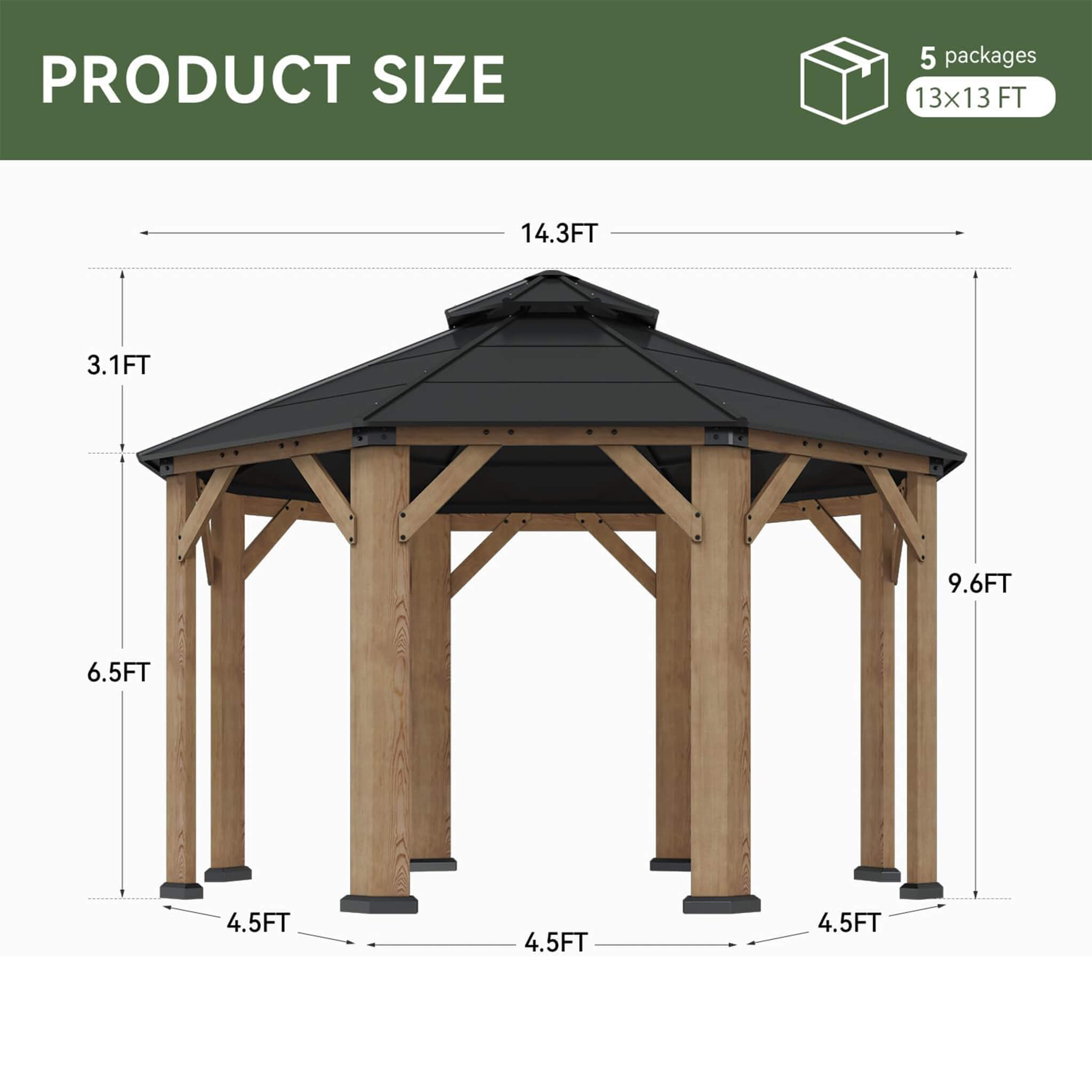 Alora Cedar Wood Galvanized Steel Octagonal Hardtop Double Roof Gazebo [13X13FT]