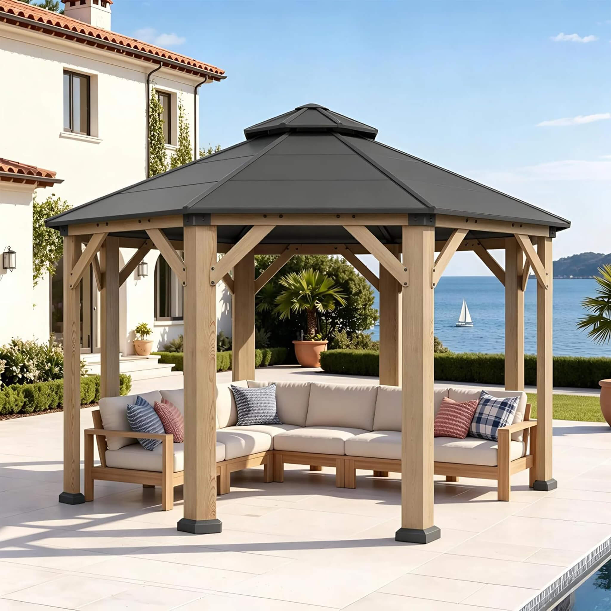 Alora Cedar Wood Galvanized Steel Octagonal Hardtop Double Roof Gazebo [13X13FT]