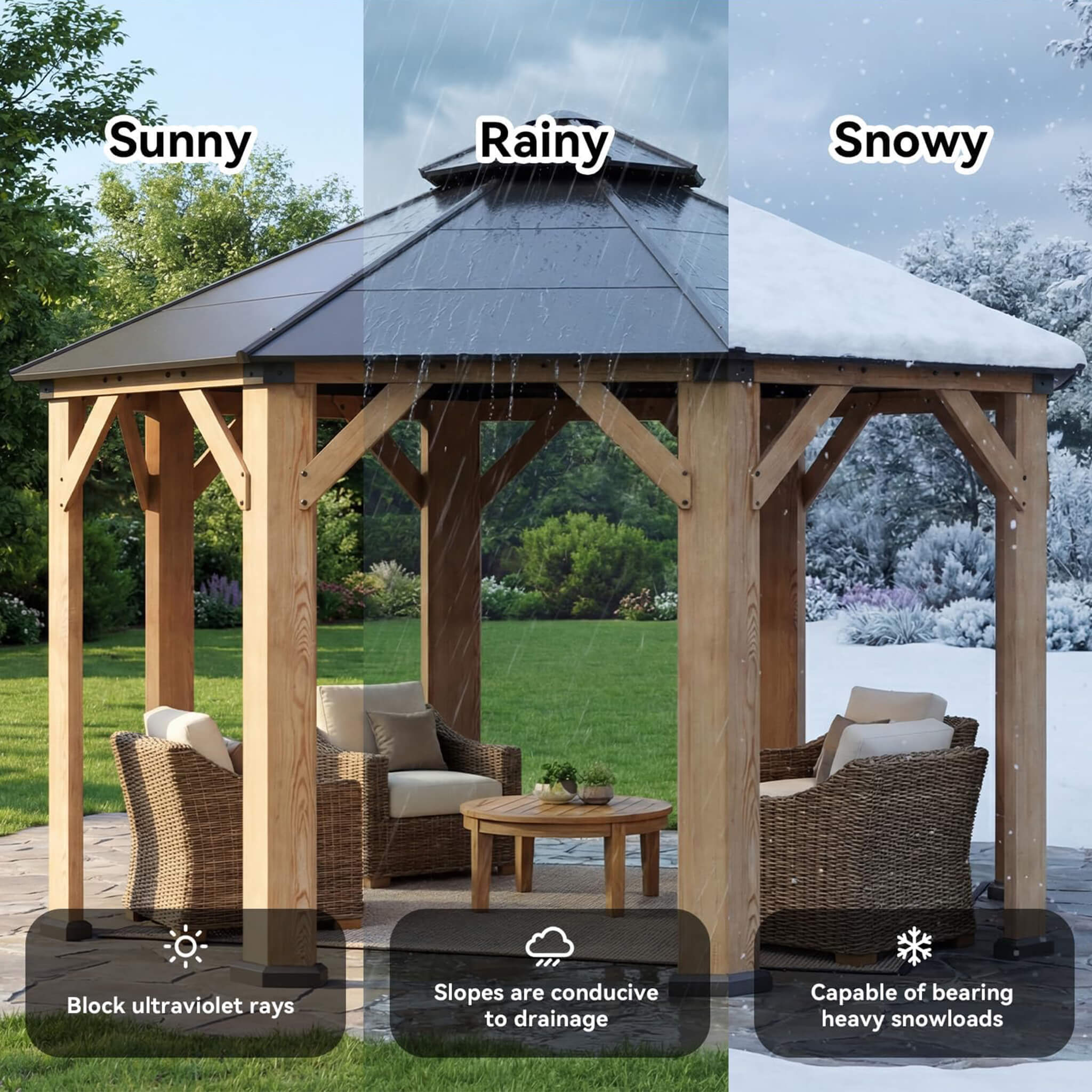 Alora Cedar Wood Galvanized Steel Octagonal Hardtop Double Roof Gazebo [13X13FT]