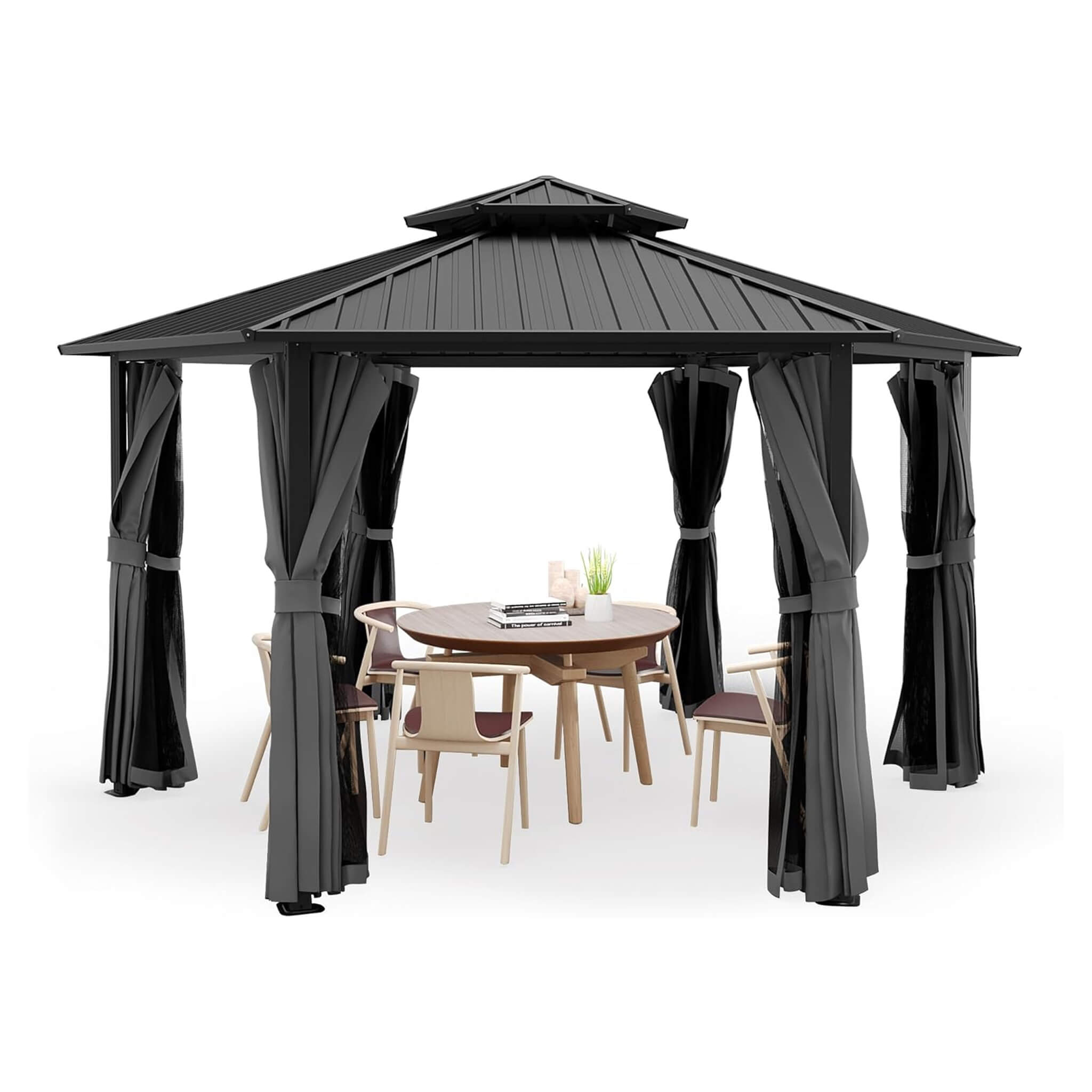 [13X15FT] Alora Hardtop Hexagonal Gazebo With Curtains And Netting [No Furniture] (SAK60713)