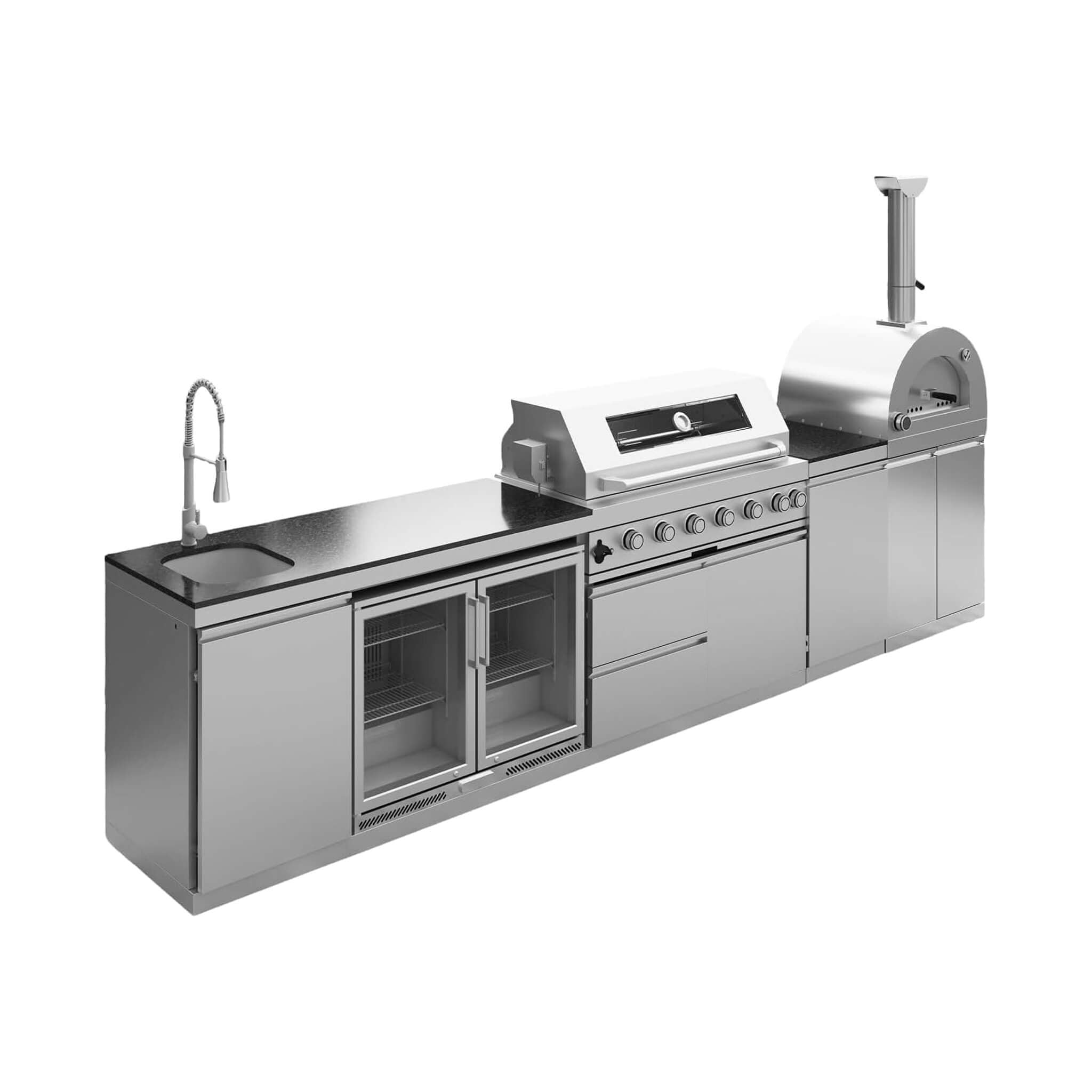 Blazon 147-Inch 6-Burner 120K BTU Outdoor Kitchen Island With Pizza Oven, Rotisserie & Refrigerator