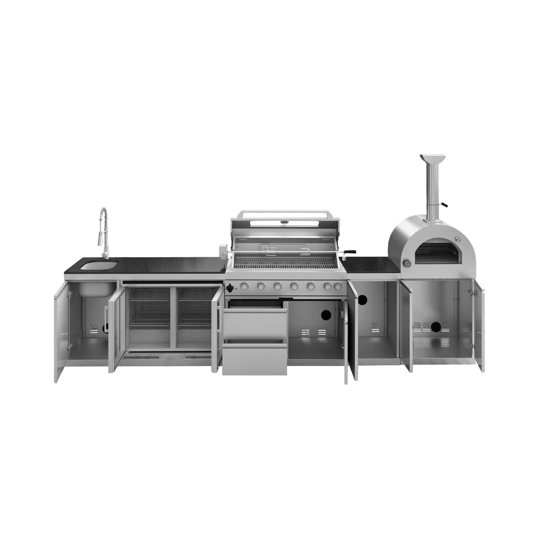 Blazon 147-Inch 6-Burner 120K BTU Outdoor Kitchen Island With Pizza Oven, Rotisserie & Refrigerator